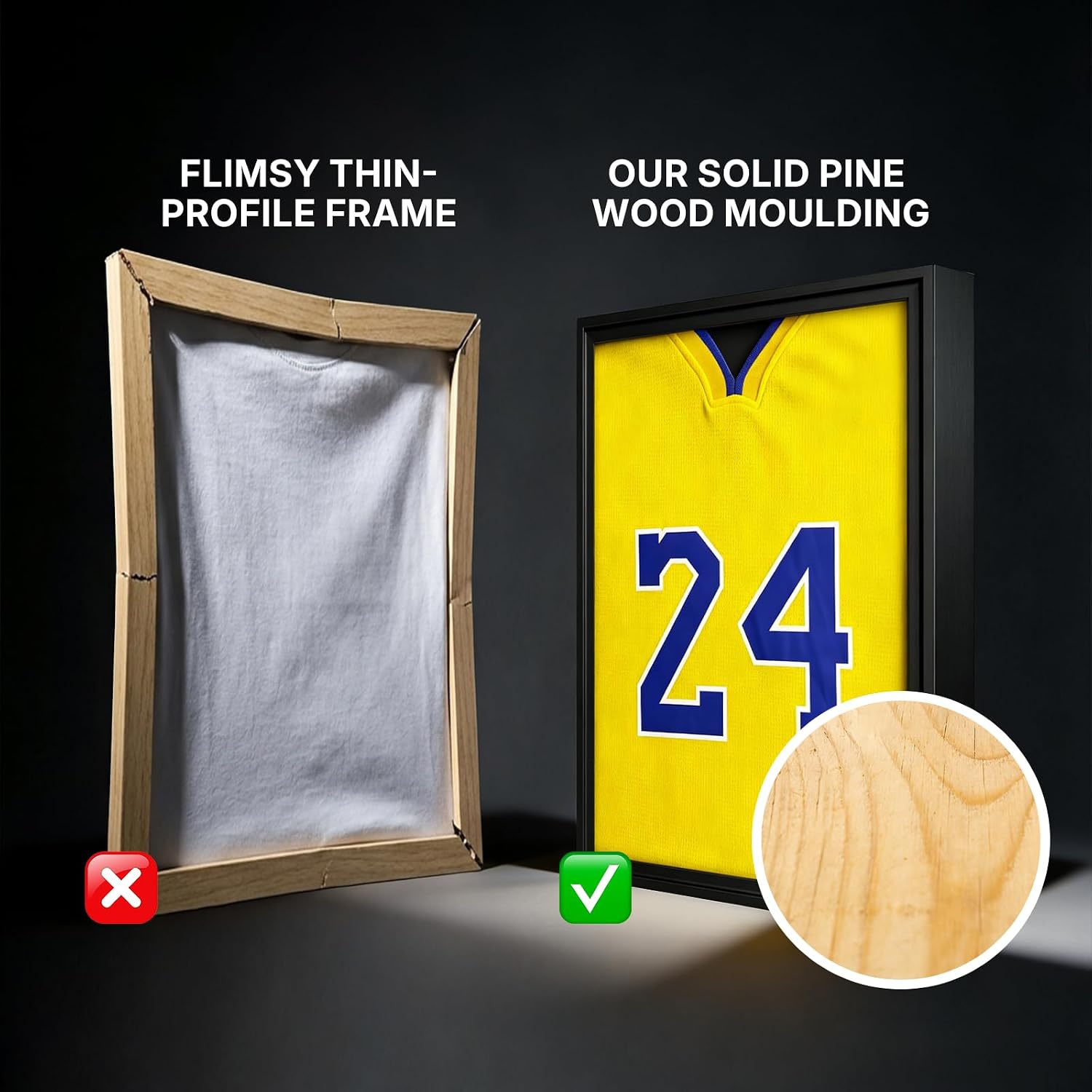 2 Pack Jersey Frame Display Case, Pine Wood Jersey Shadow Box | Solid Pine Wood Frame, 2-Pack Value, For Hockey Soccer