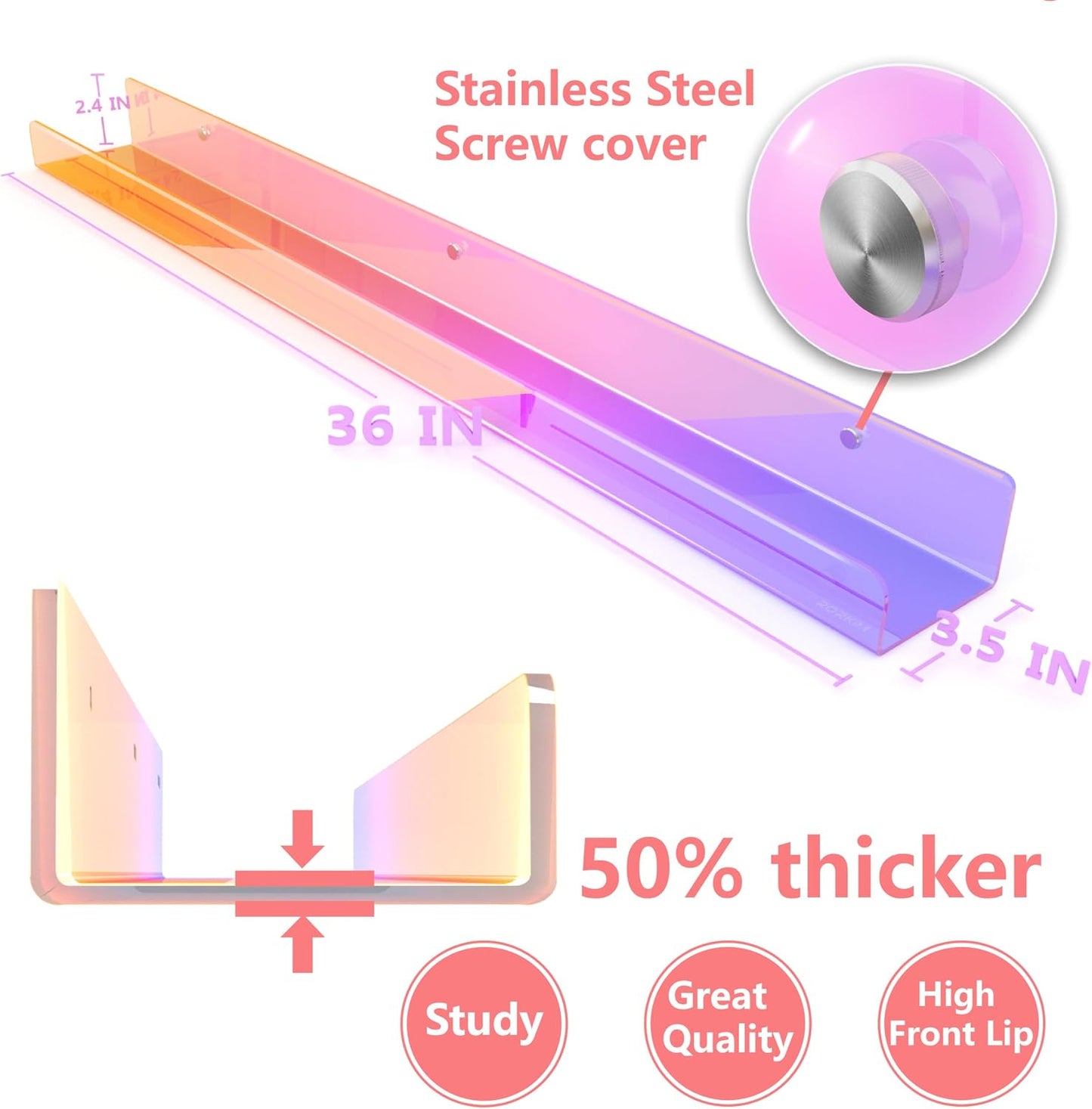2 Pack RORKIM 36 Inch Iridescent Acrylic Floating Shelf, Kids Bookshelf | Wall Mounted Display Toy Organizer for Kids