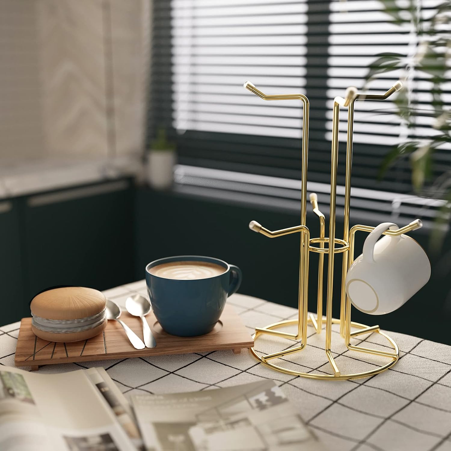 HULISEN Mug Tree for Large Cups, 6 Hook Countertop Coffee Mug Holder, Gold | Cup Rack for Counter, Stable Wide Base