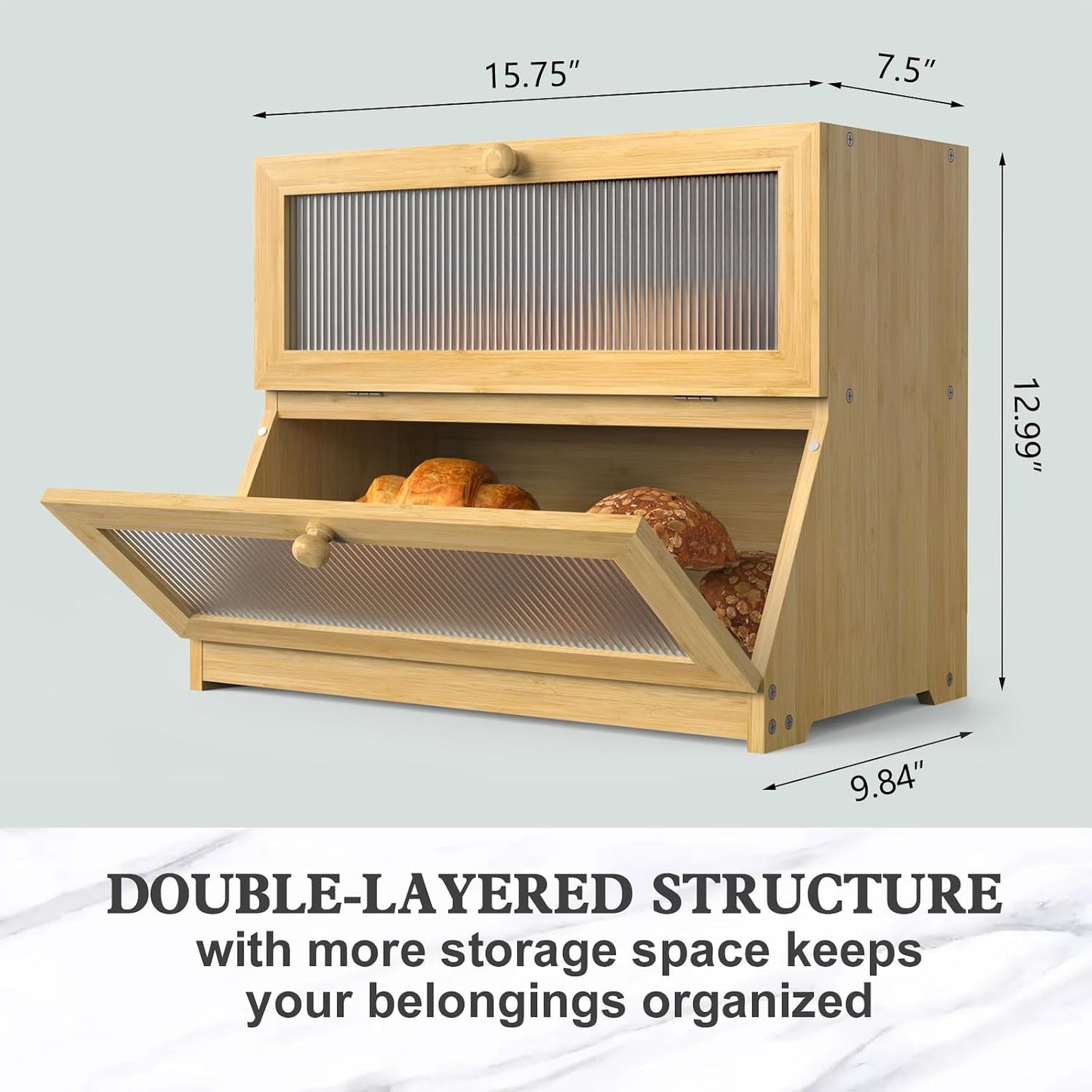 LOHASOK Bread Box for Kitchen Countertop, Wood Color | 2-layer, Bamboo, Large, Farmhouse Bread Container Holder