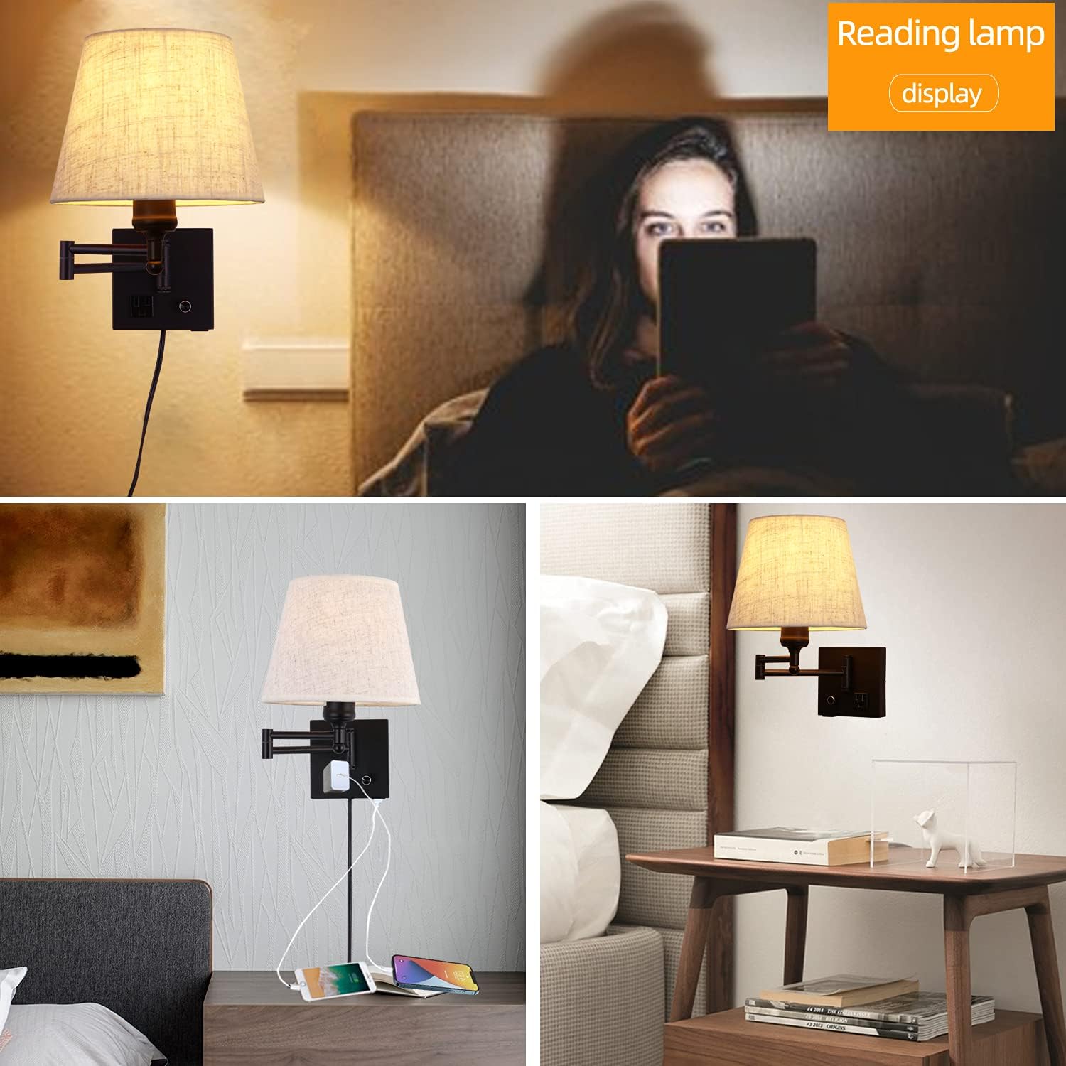 Bedside Wall Mount Light with Dimmable Switch and Outlet, Swing Arm Fabric Shade Wall Sconce Light with USB Port and