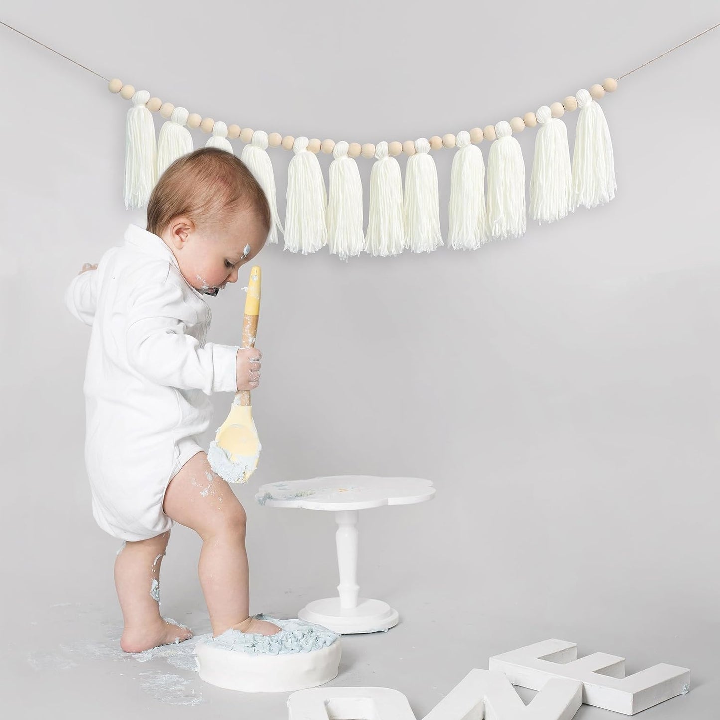 Cream Wood Bead Tassel Garland Boho Decor / White Cotton