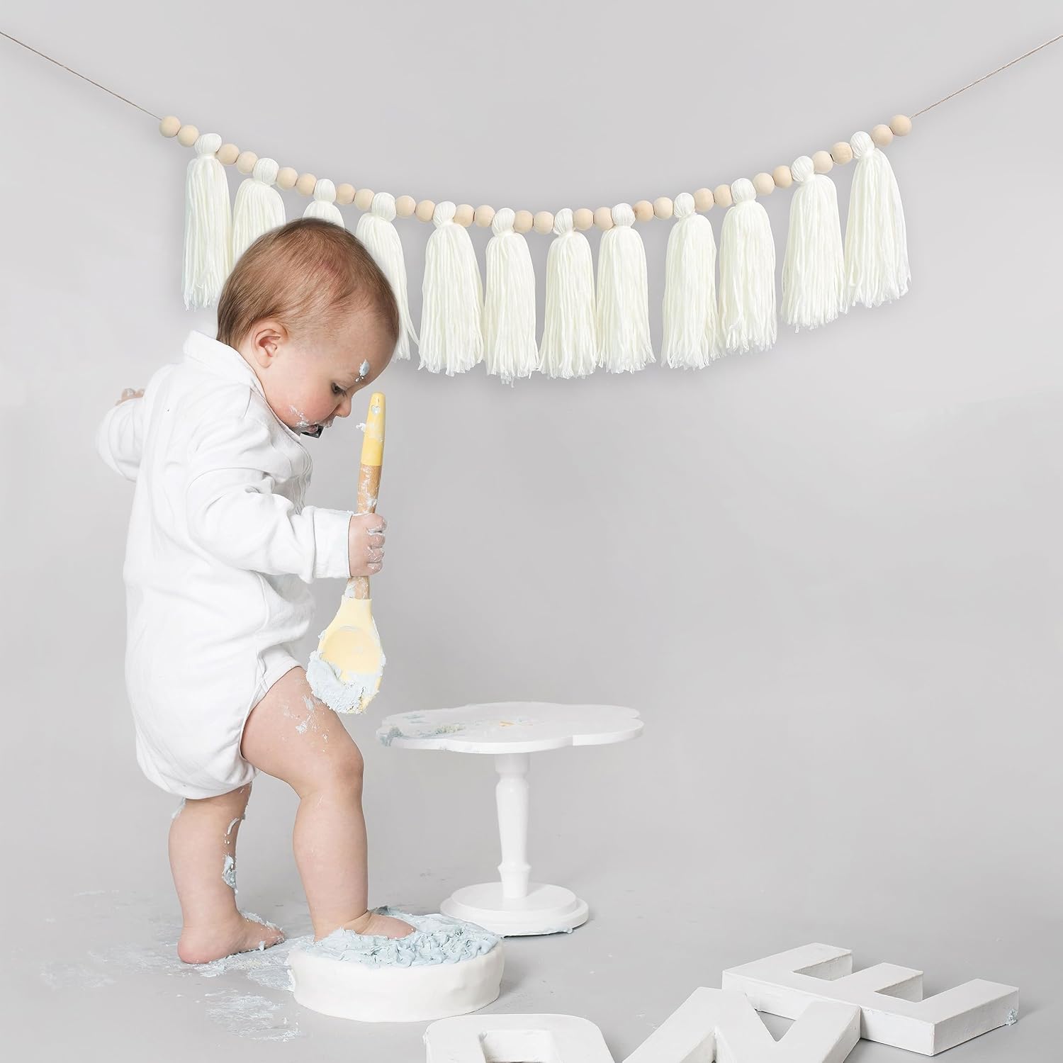 Cream Wood Bead Tassel Garland Boho Decor / White Cotton