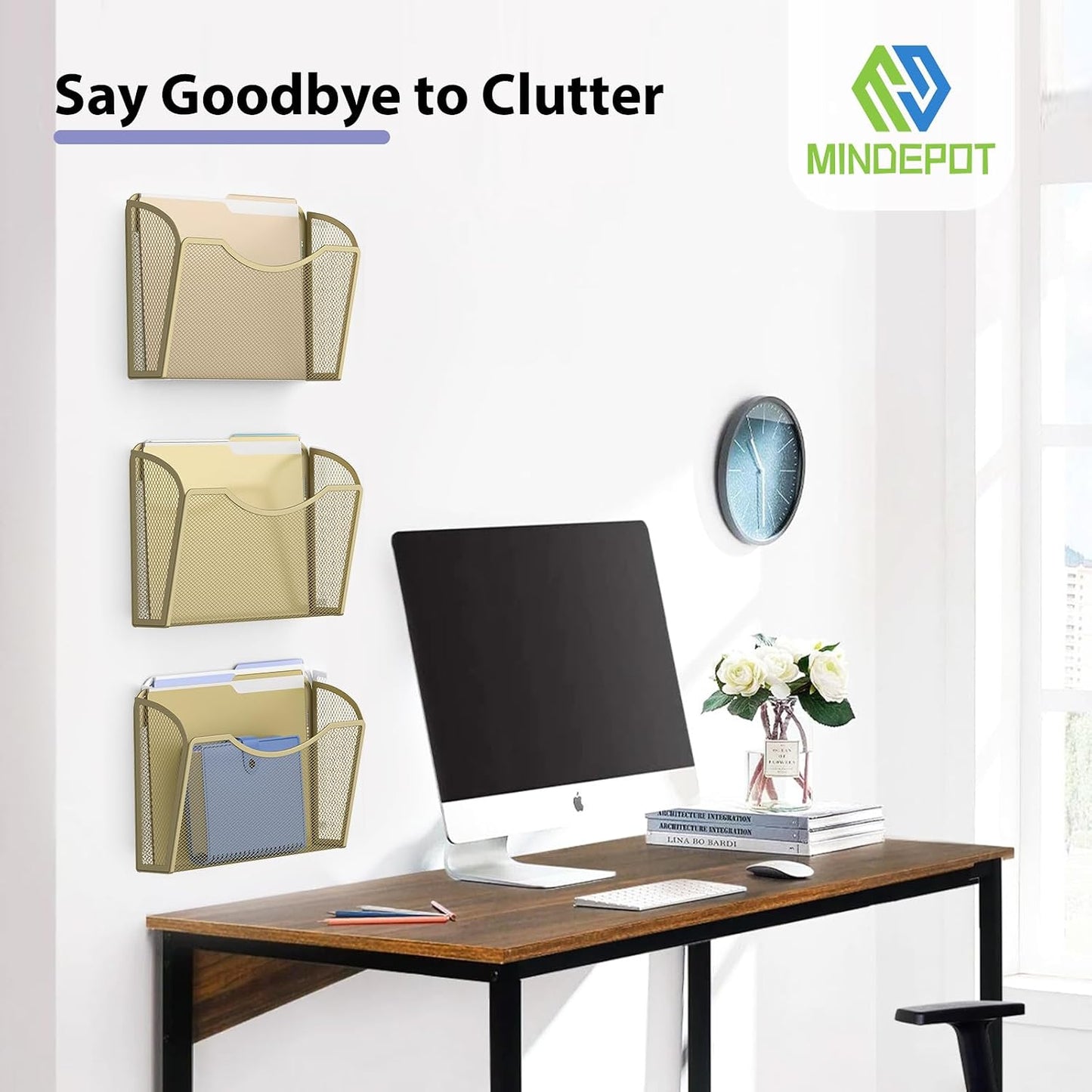 MINDEPOT Wall File Organizer, Hanging Wall File Holder, 3 Pack, Gold | Heavy Duty Iron, Metal Mesh Wall Mount, Single