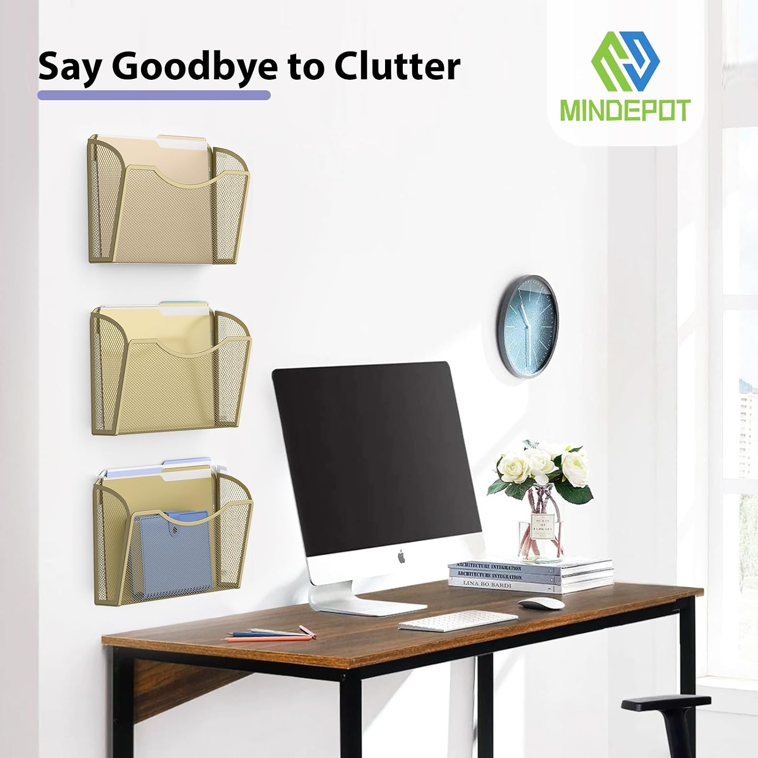 MINDEPOT Wall File Organizer, Hanging Wall File Holder, 3 Pack, Gold | Heavy Duty Iron, Metal Mesh Wall Mount, Single