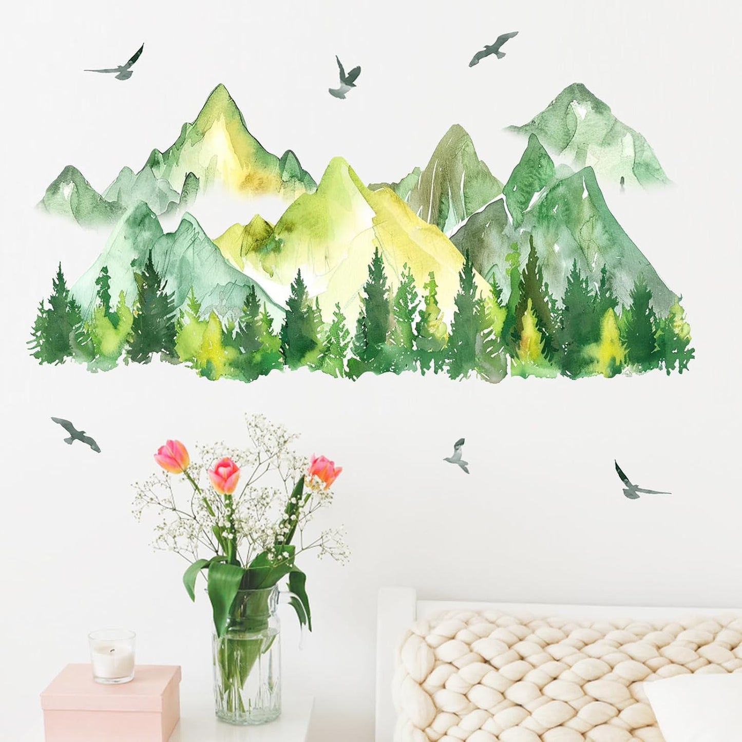 Watercolor Wall Decals Stickers / Mountain Birds / Green
