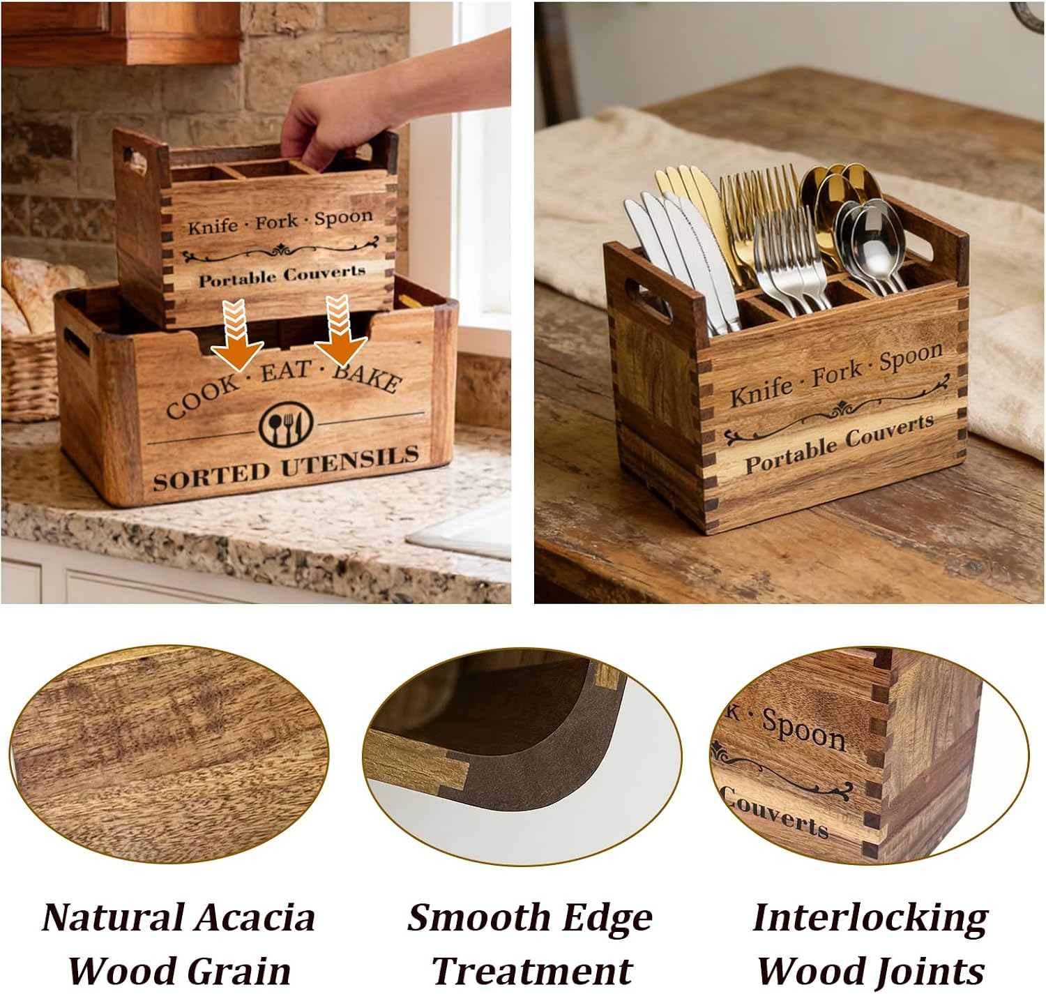 2-in-1 Acacia Wood Kitchen Utensil Holder with Removable Caddy | Farmhouse Kitchen Utensil Holder for Countertop