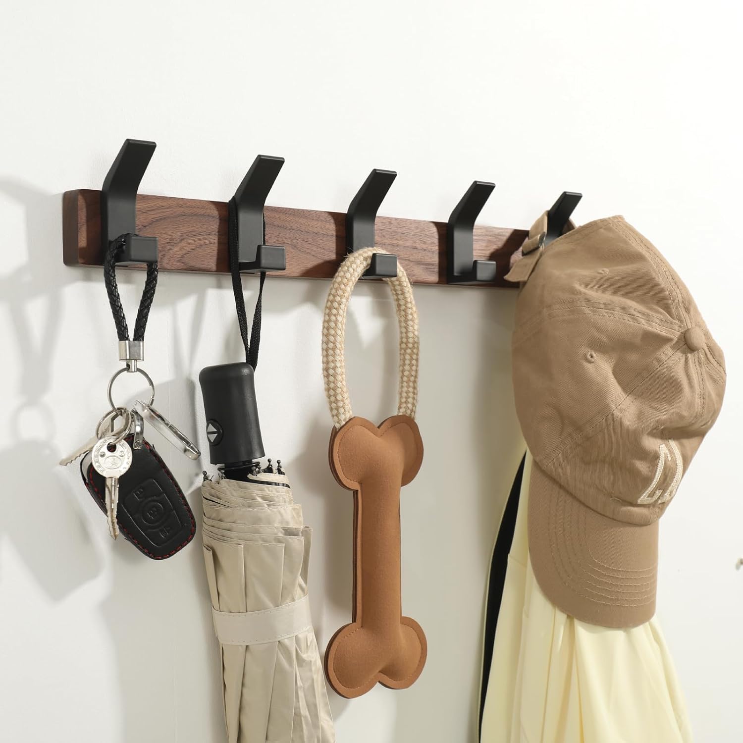 Coat Rack Wall Mount - 16.9 Inches Coat Rack Wall Mount with 5 Hooks Walnut Wood Coat Hooks Wall Mounted Rustproof Coat