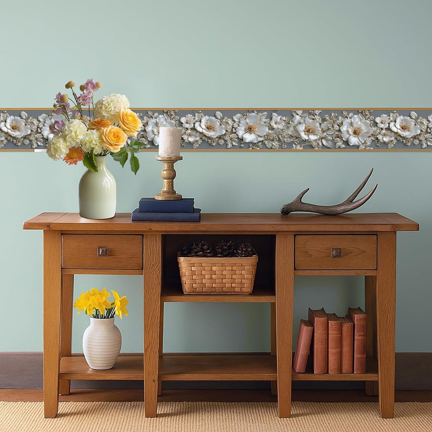 Wallpaper Border Peel and Stick Wall Border Elegant White Pattern Removable / Pearl / Gray / 196 x 4