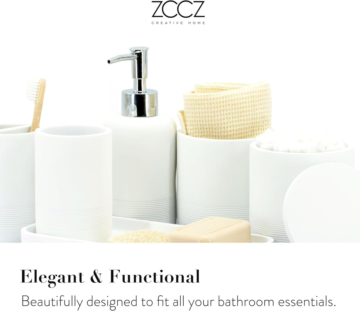 White Bathroom Accessories Set 6 Pieces - Toothbrush Holder, Lotion Dispenser, Qtip Container, Vanity Tray, Tumbler