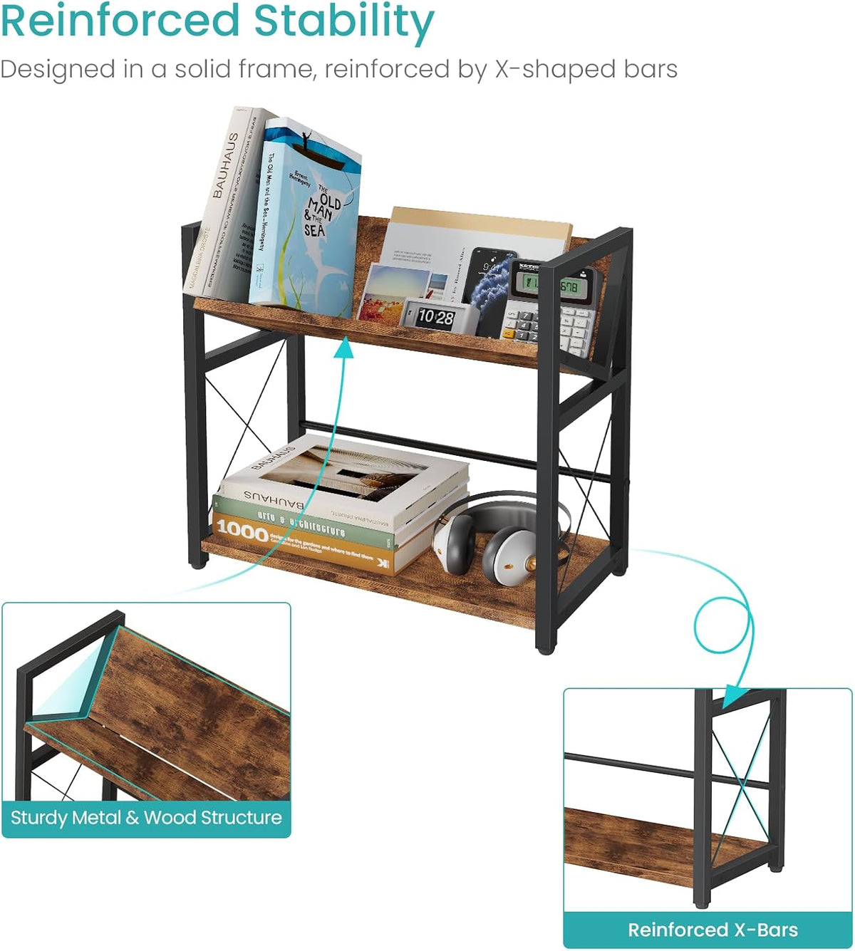 ELITEROO Desktop Bookshelf, 2 Tier Desk Shelf Organizer, Wooden Tabletop Bookcase, Small Desk Top Book Rack for Office