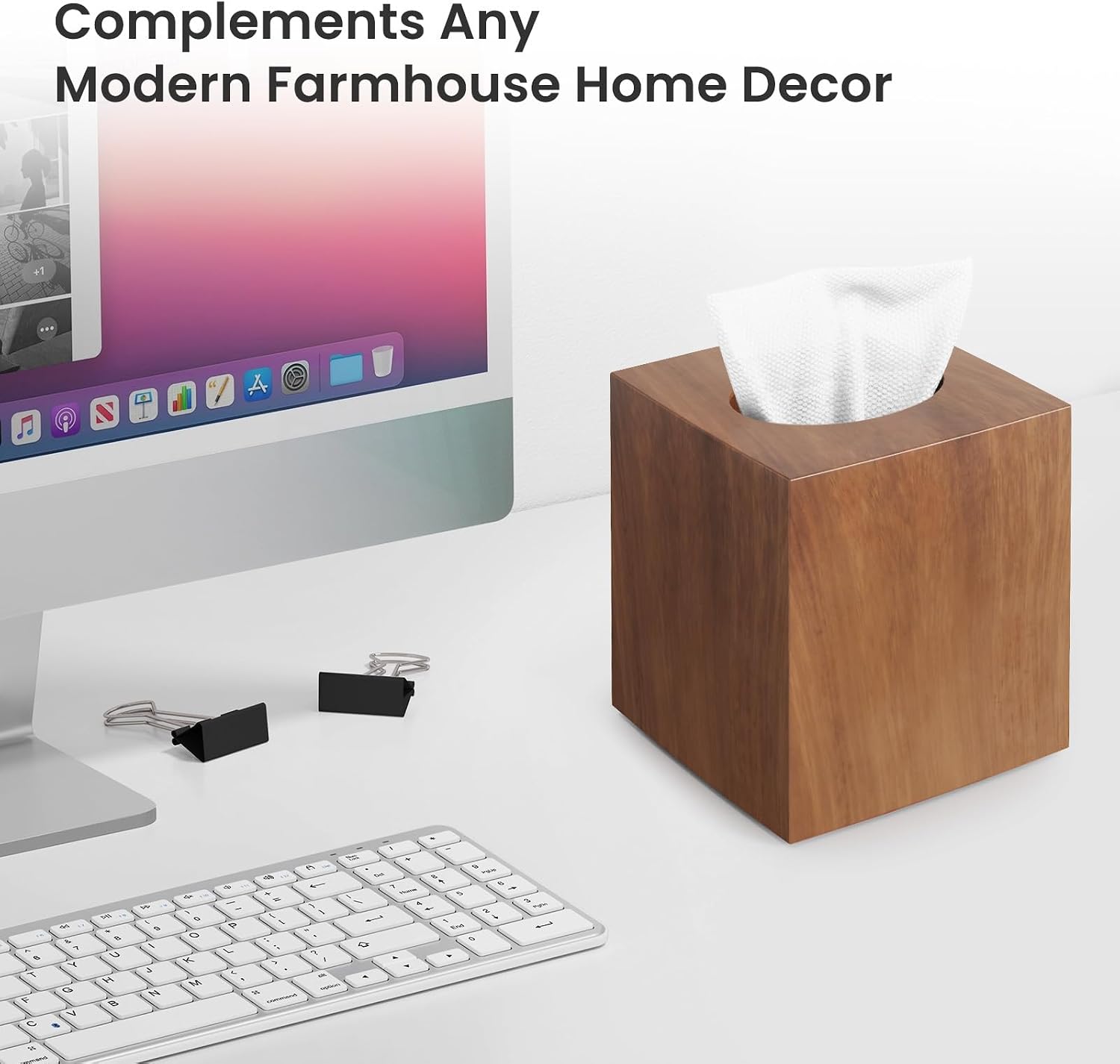 Square Facial Acrylic Tissue Holder / with 2 Qtip Holder Dispenser / Wood Grain / Clear / Set of 2