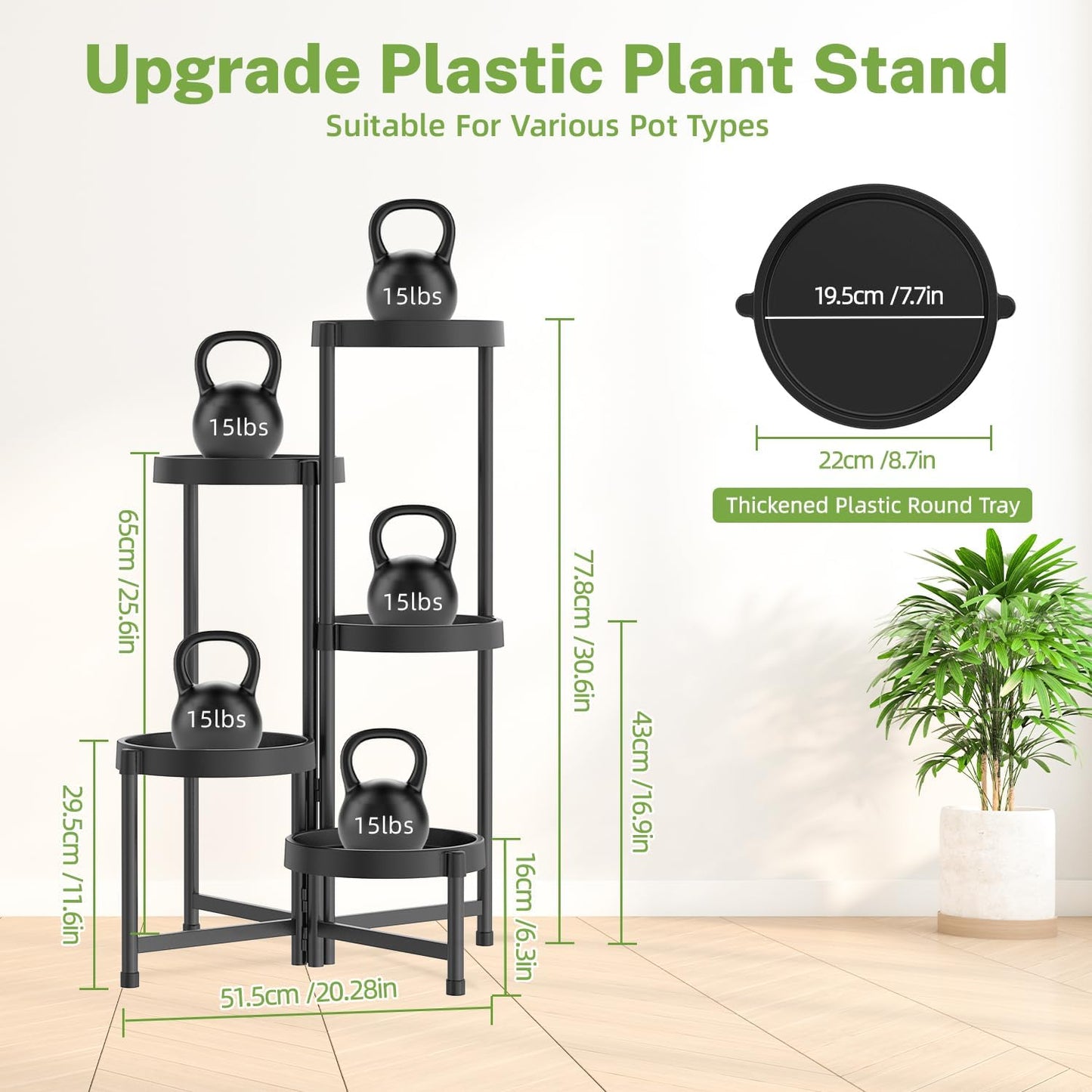 iDavosic.ly 5 Tier Folding Plant Stand Indoor Outdoor, Plastic Tray, Black | Space Saving Tiered Corner Storage Display