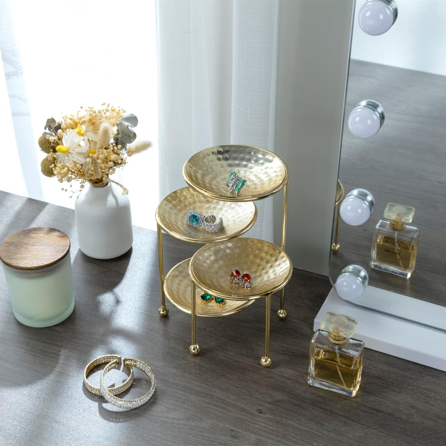 Hammered Brass Plated Metal Ring Tray / Brass, 4 Tier