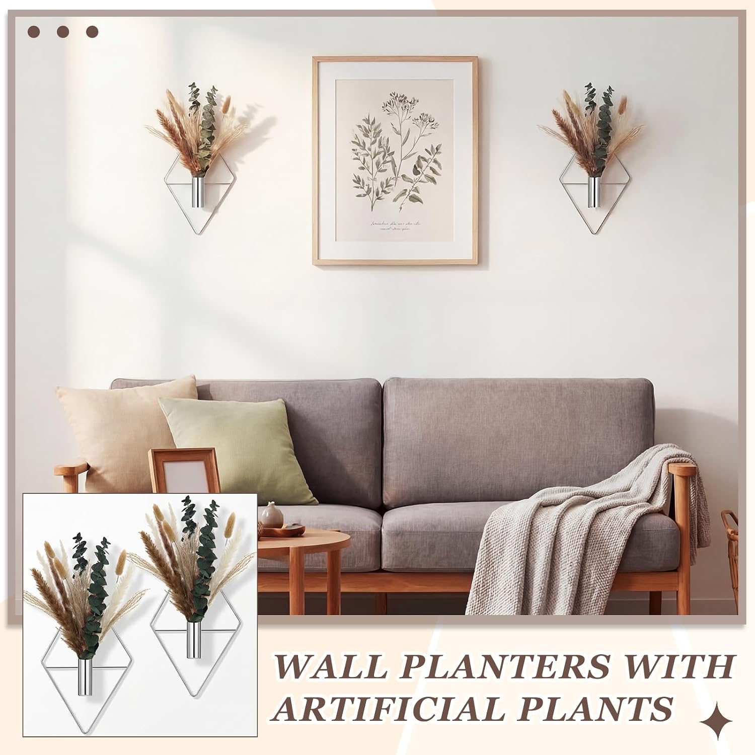 Artificial Metal Hanging Vase Indoor Plants Holder Modern / Chrome Silver / Pampas / Set of 4