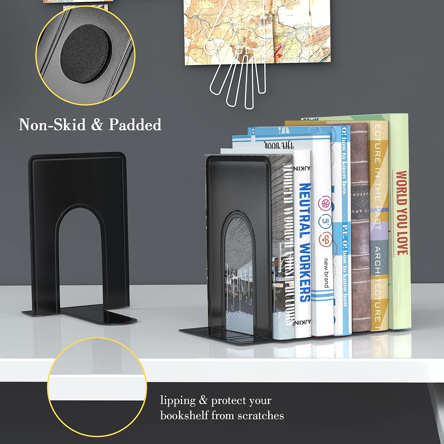 Book End Supports Heavy Duty Metal Bookend Support / Black / 2 Pairs/ / Set of 4