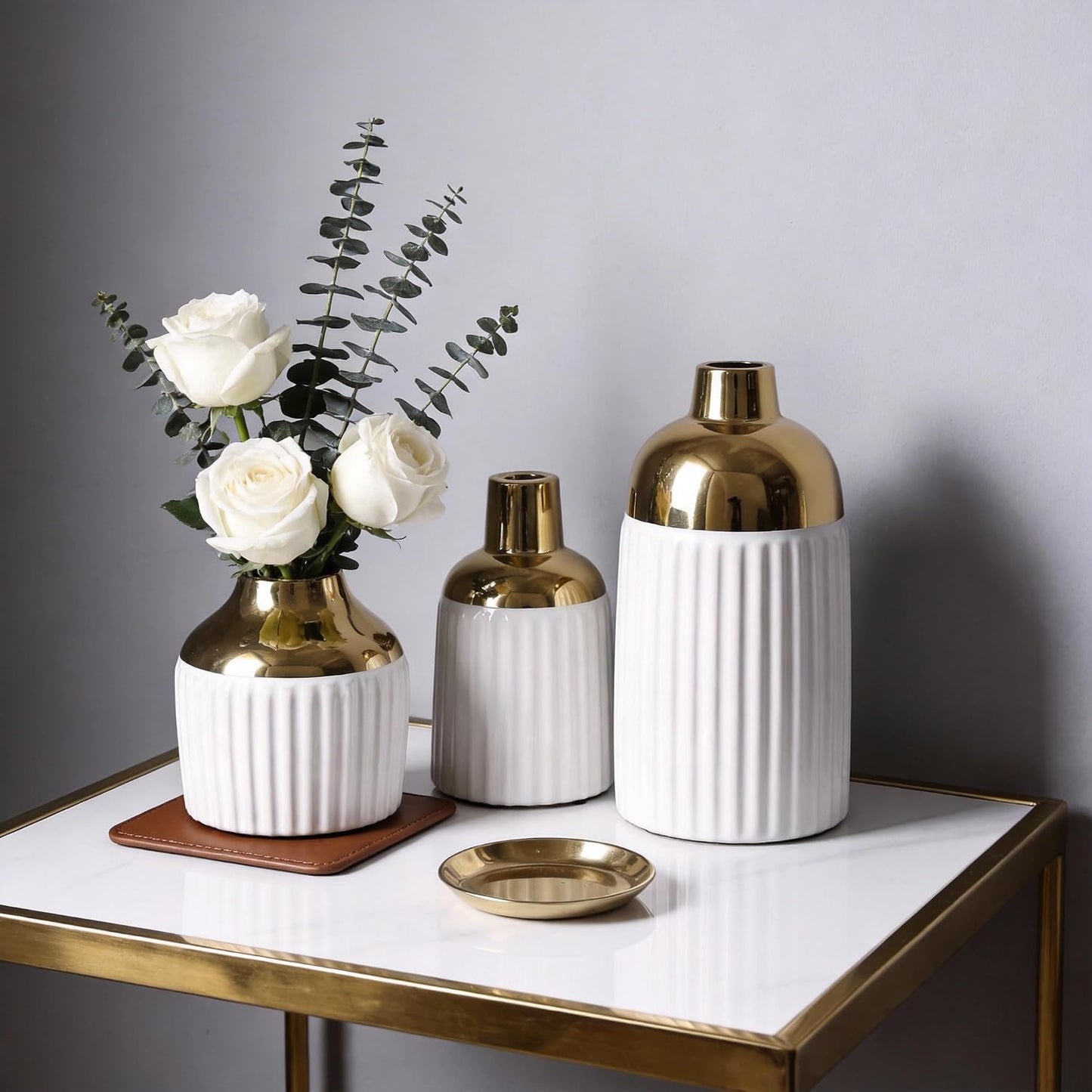 Gold Ceramic Vase 3-Piece Set / Wg / White