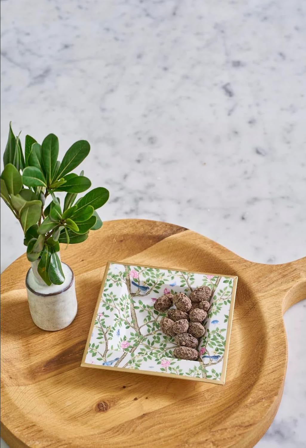 Enameled Metal Vanity Tray / Vintage Botanical / Square / Gold