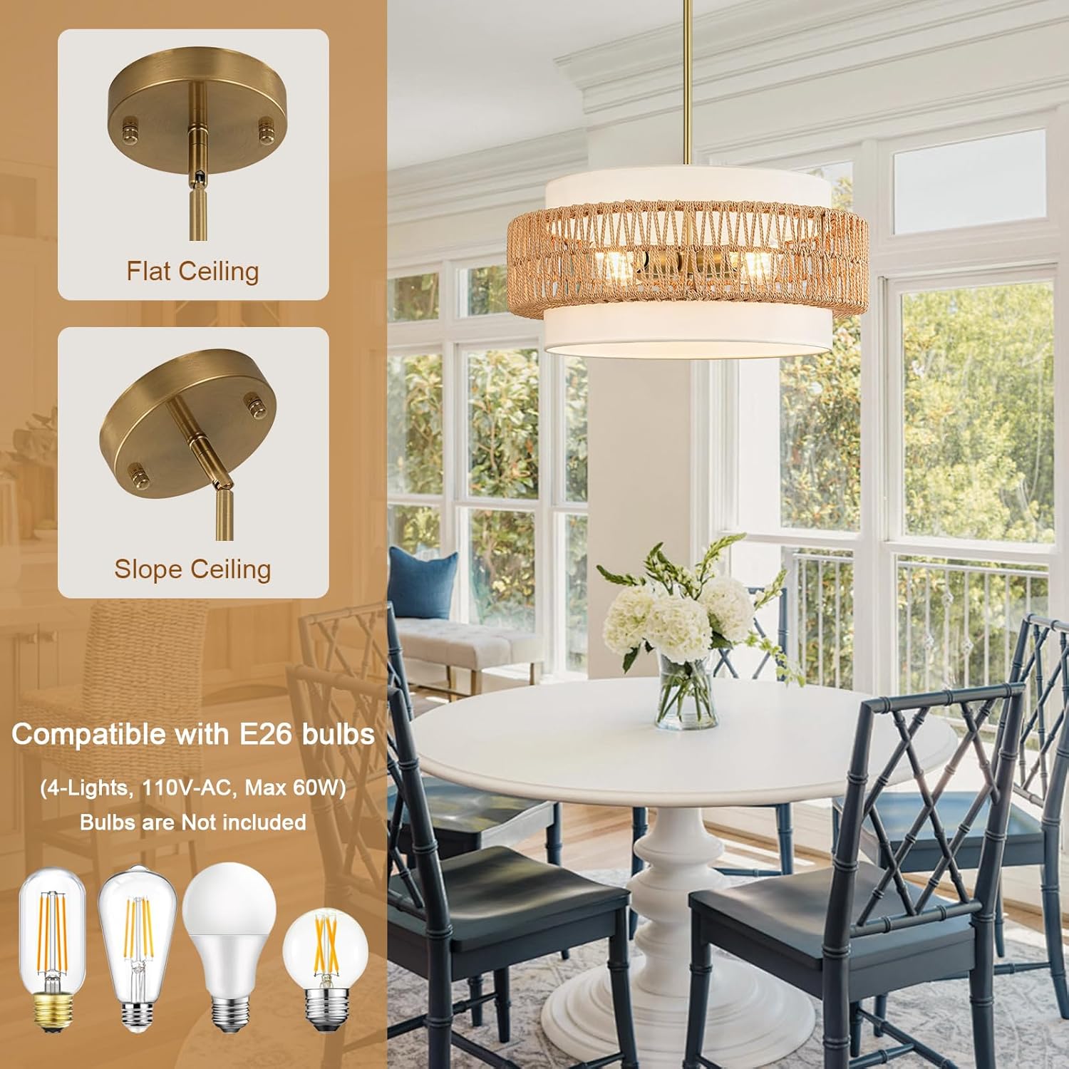 Boho Drum Ceiling Hanging Light / 19.7" V-shaped Weaving