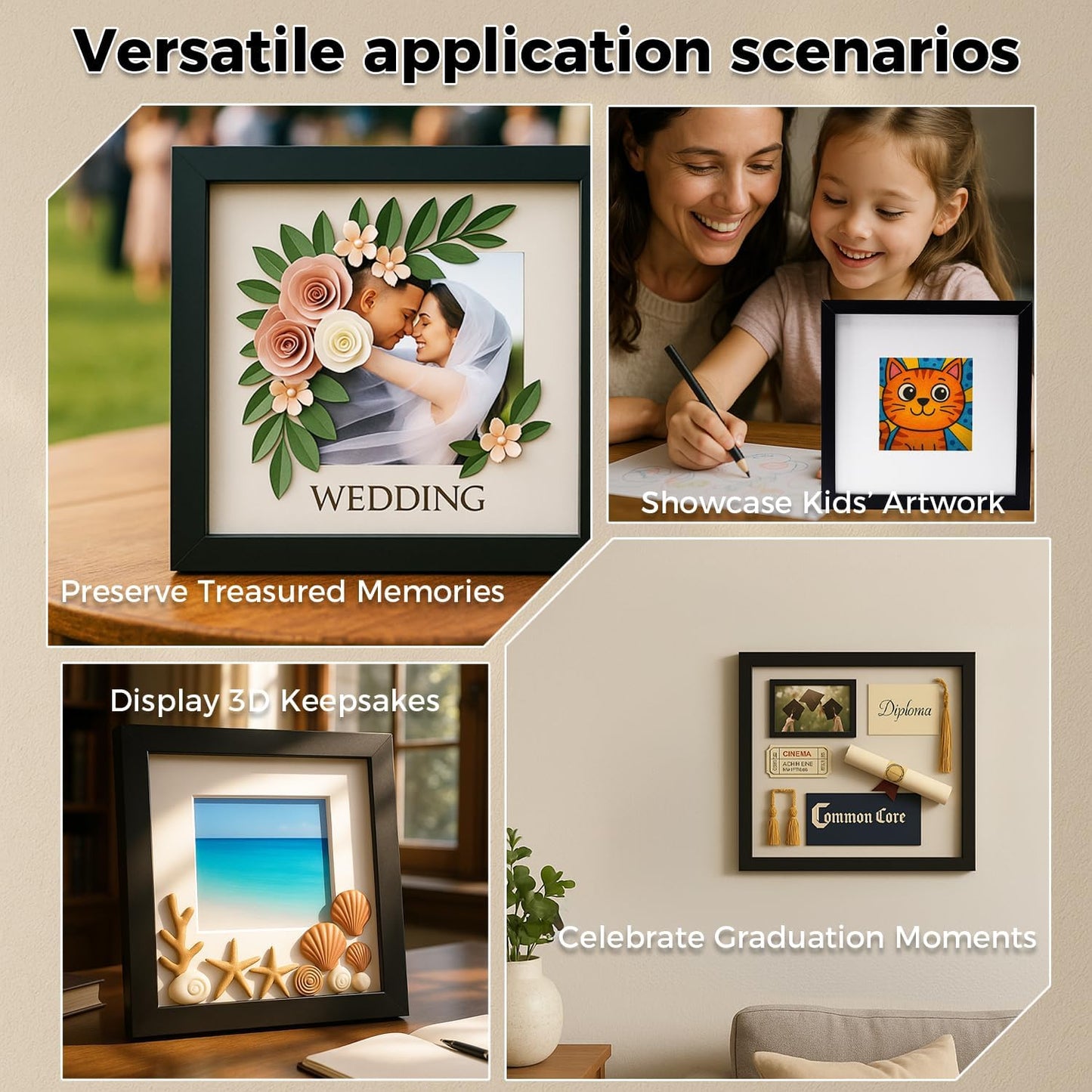 12x12 Shadow Box Picture Frame, Deep 1.77” Display Case with Real Glass, Removable Inner Frame & Black/White Mat for