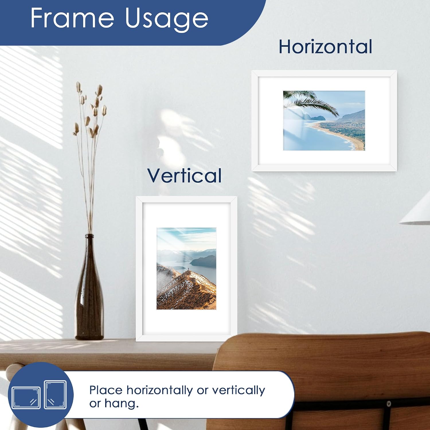 8x12 Picture Frame Set of 6, Wall or Tabletop Display, White | Display 6x8 with Mat or 8x12 Without Mat, Horizontal or