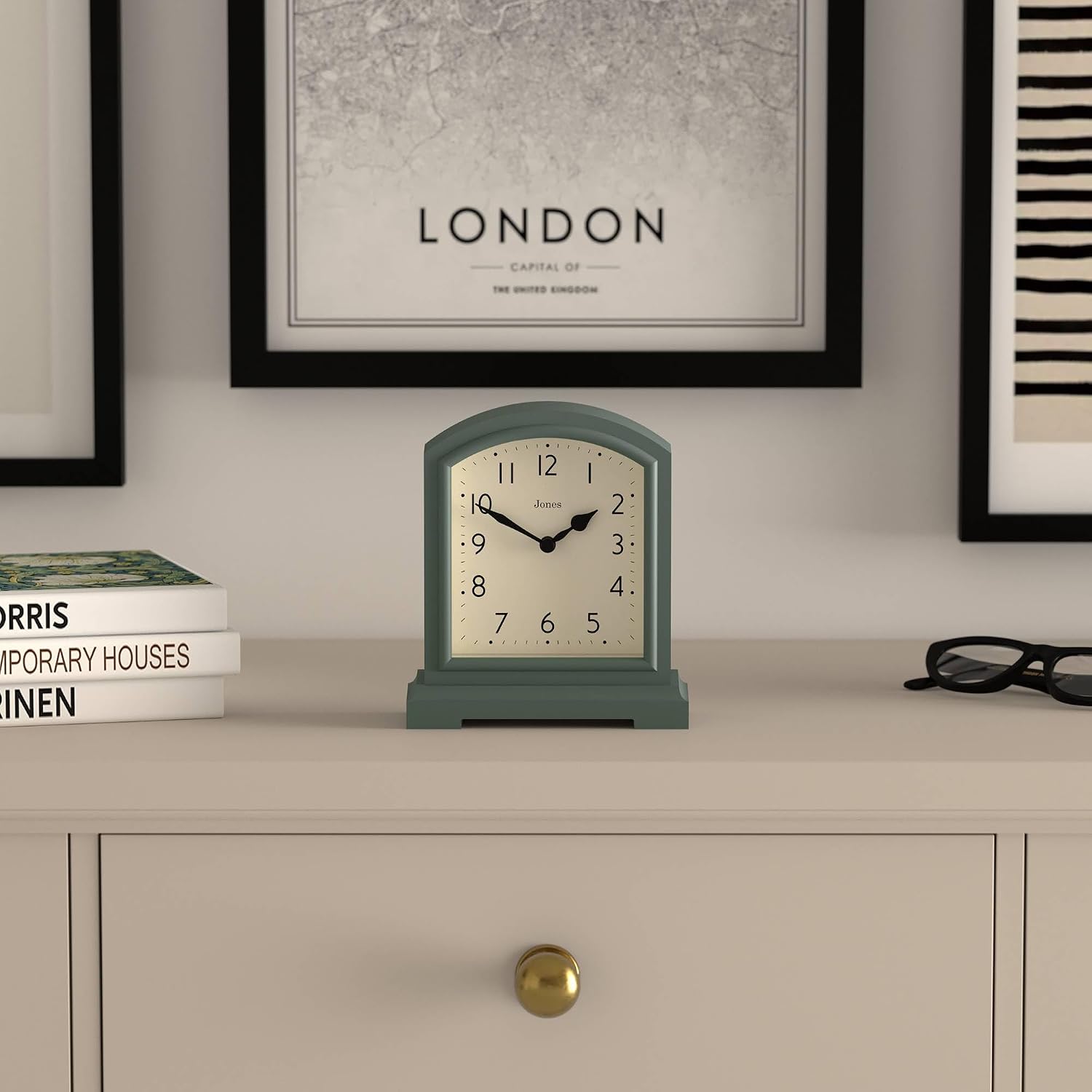 JONES CLOCKS® Tavern Mantel Clock | Modern Arch top Design | Asparagus Green | Contemporary Classic Style for Desk