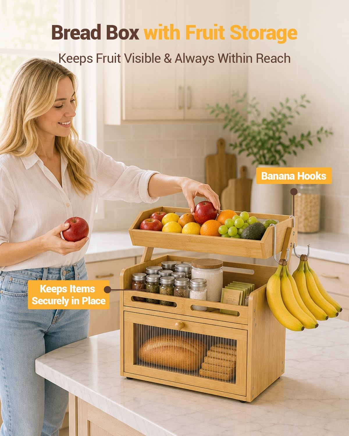 Bread Box for Kitchen Countertop, Bamboo Bread Storage with Fruit Basket | Raised-Rail Shelves, 2 Banana Hooks, Clear