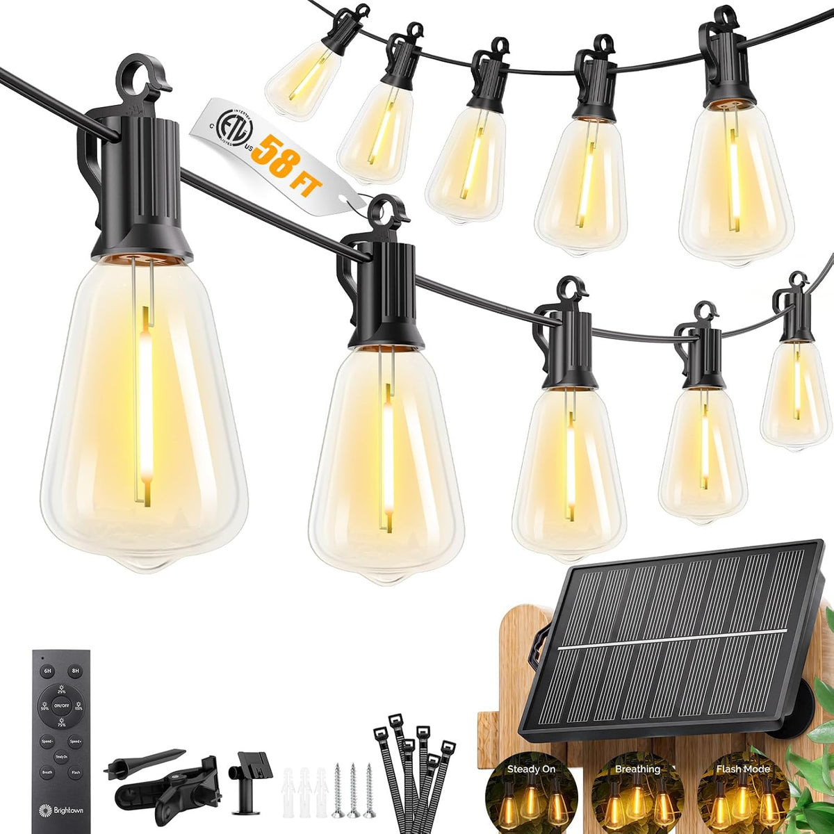 Brightown 58FT Solar String Lights Outdoor Waterproof, 26Hrs Runtime