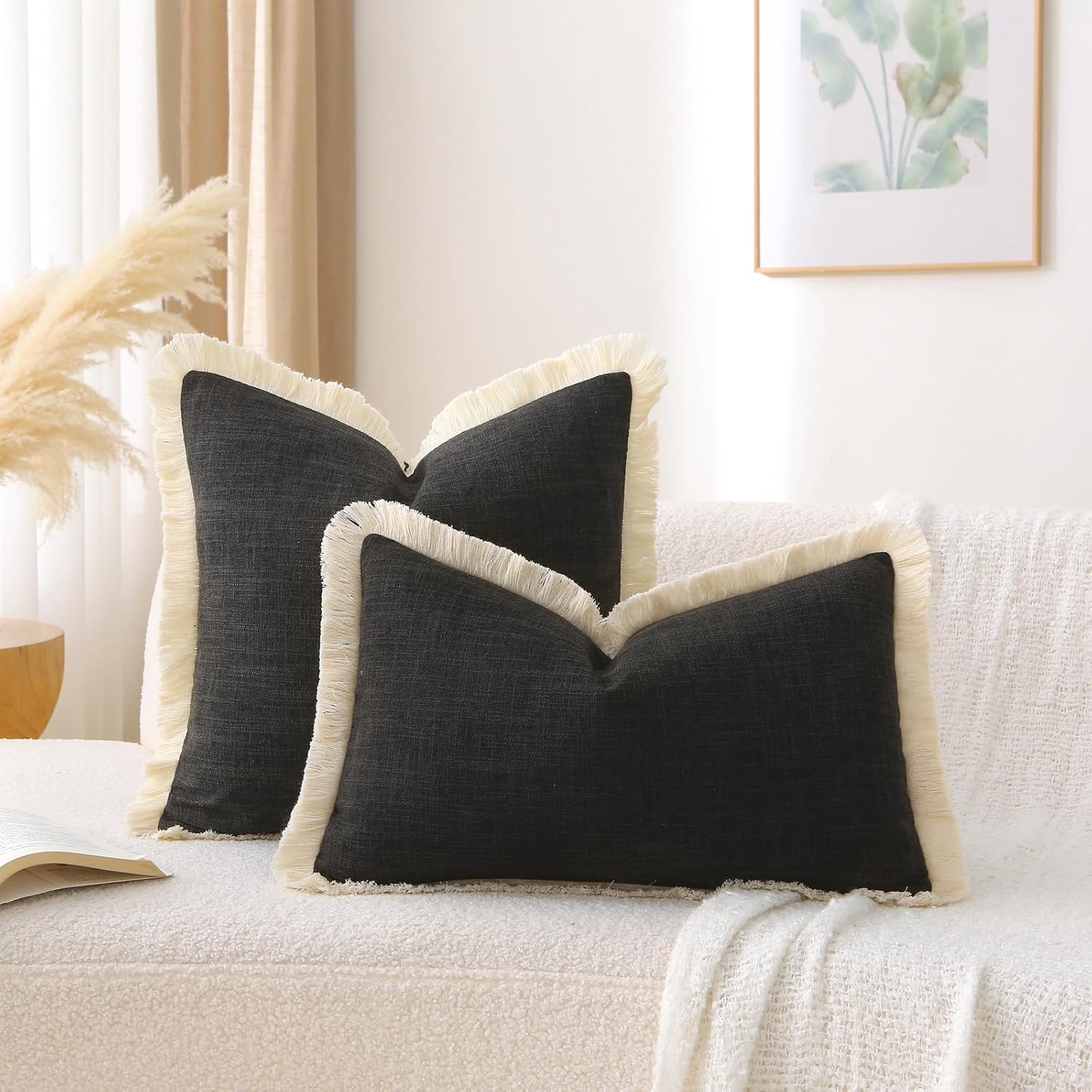 Boho Burlap Decorative Throw Pillow Covers / Black / 18 x 18 / Set of 2