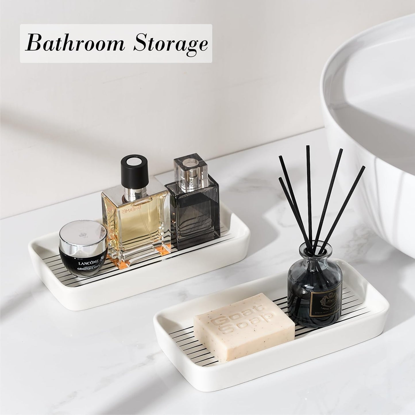 2PC Rectangle Striped Tray / White Color with Black Stripes / Set of 2