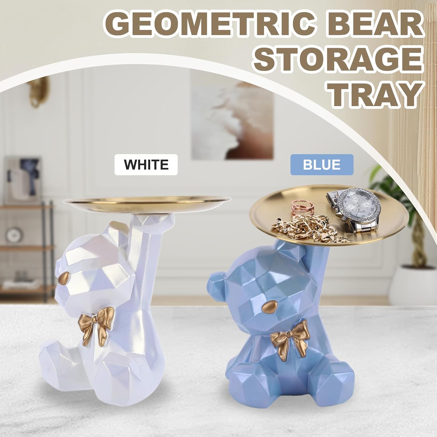 2025 New Geometric Bear Storage Tray Resin Lovely Nordic Bear Sculptures Keys / Shiny Style-white
