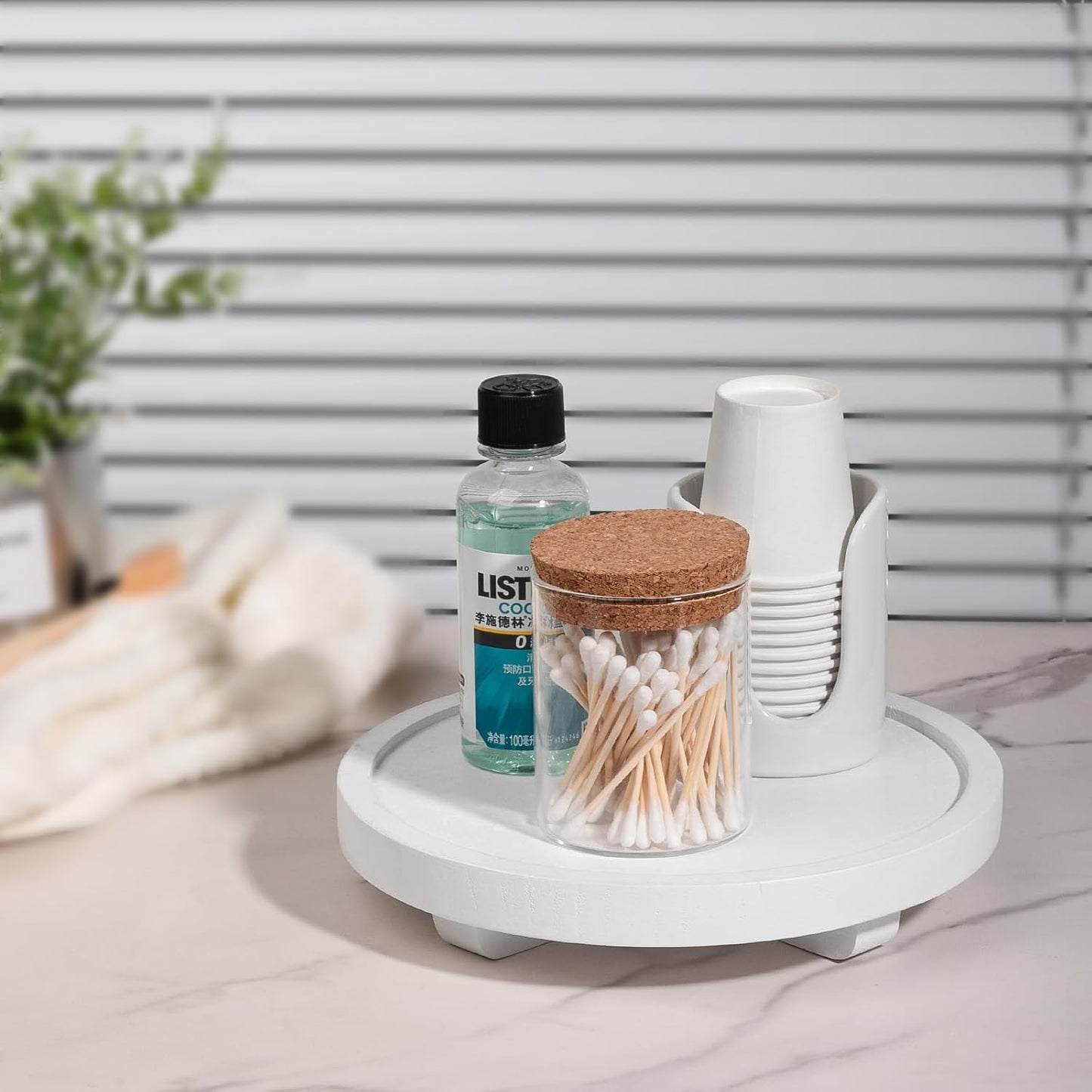 Round Decorative Tray Wood Bathroom Counter Organizer Farmhouse Kitchen Decor / White / Set of 8