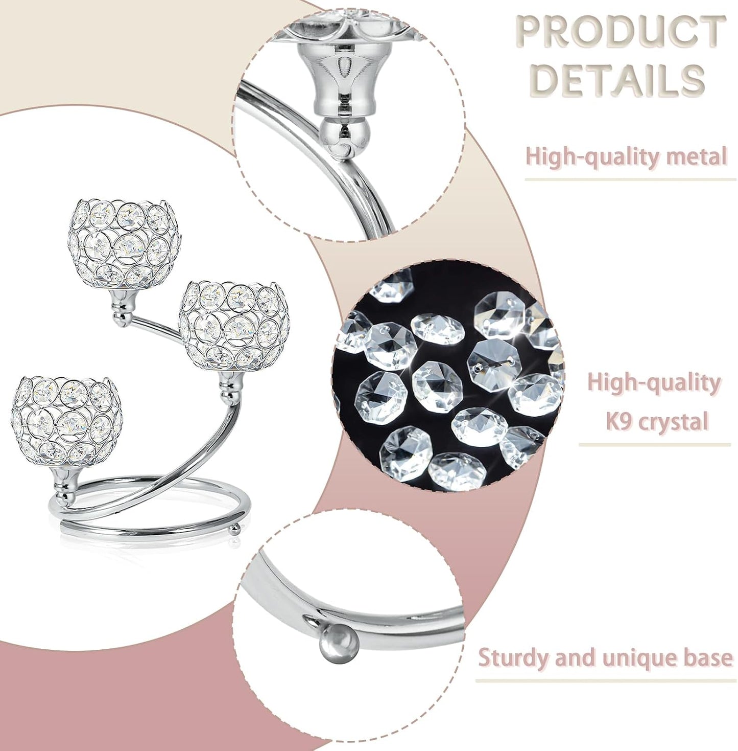 Metal Crystal Candle Holder Set of 6 - Elegant 3-Arm Tea Light Centerpiece with Shining Crystal Bowl, Wedding