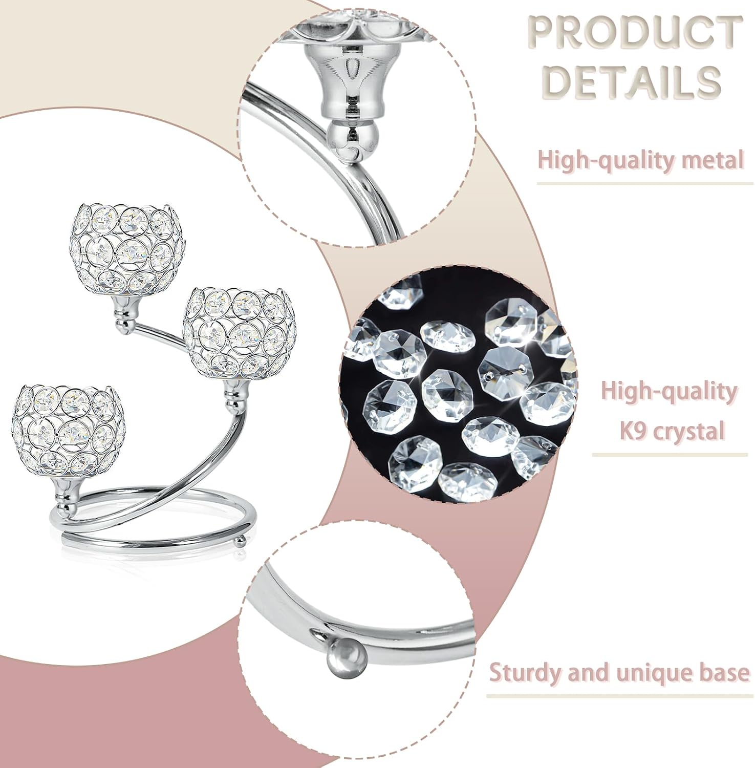 Metal Crystal Candle Holder Set of 6 - Elegant 3-Arm Tea Light Centerpiece with Shining Crystal Bowl, Wedding