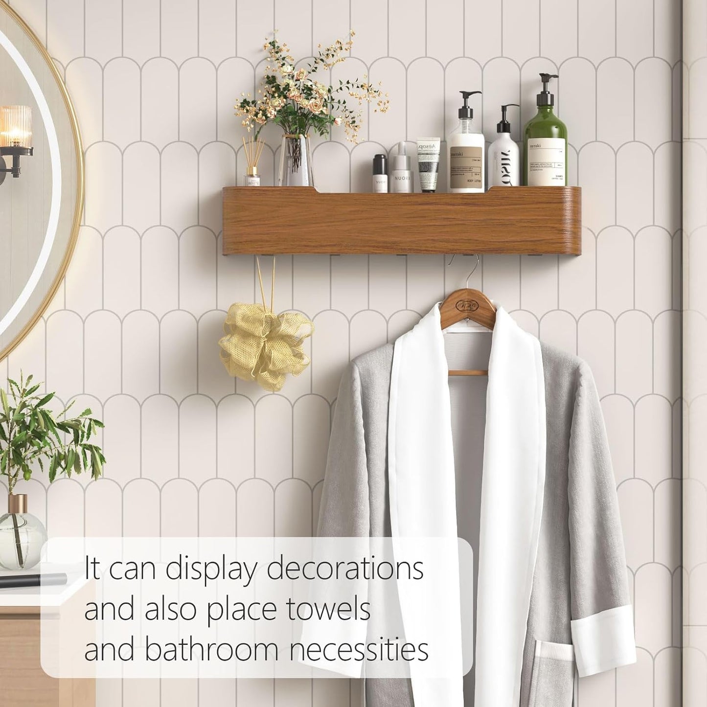 Coat Rack Wall Mount with Hidden Hooks Modern Key Holder Wood Entryway Hook with Shelf for Bedroom Kitchen Hallway