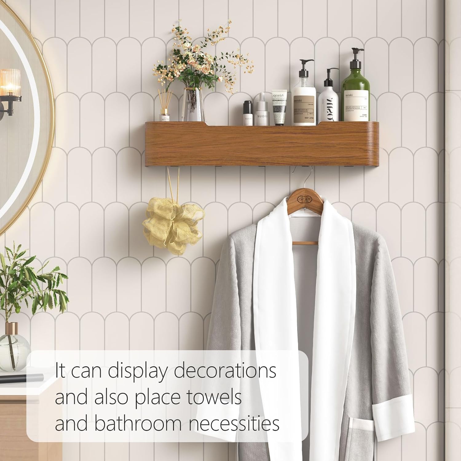Coat Rack Wall Mount with Hidden Hooks Modern Key Holder Wood Entryway Hook with Shelf for Bedroom Kitchen Hallway