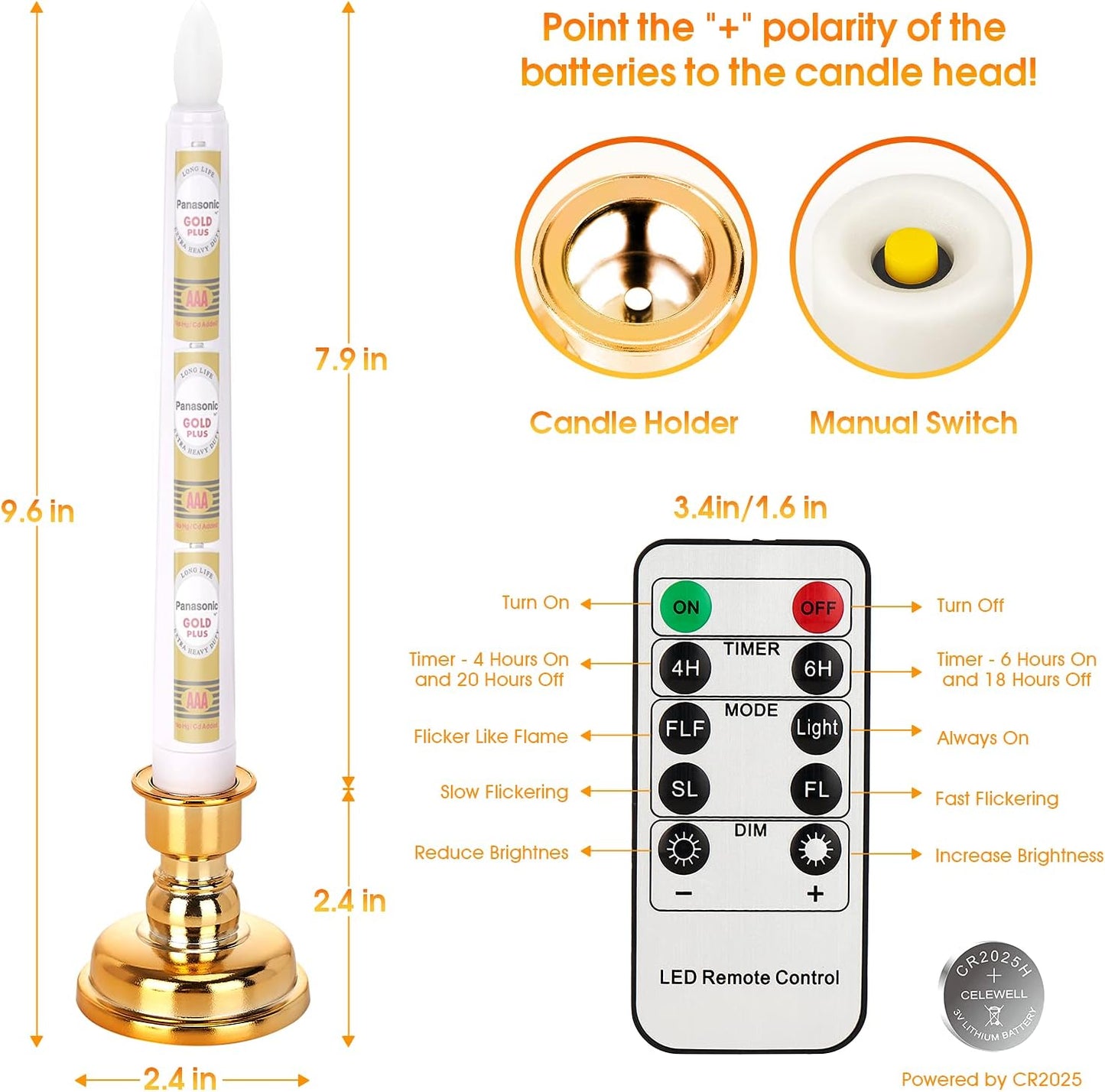 Daord LED Flameless Flickering Taper Candles with Remote & Timer Warm Light Battery Operated Christmas Window Candle