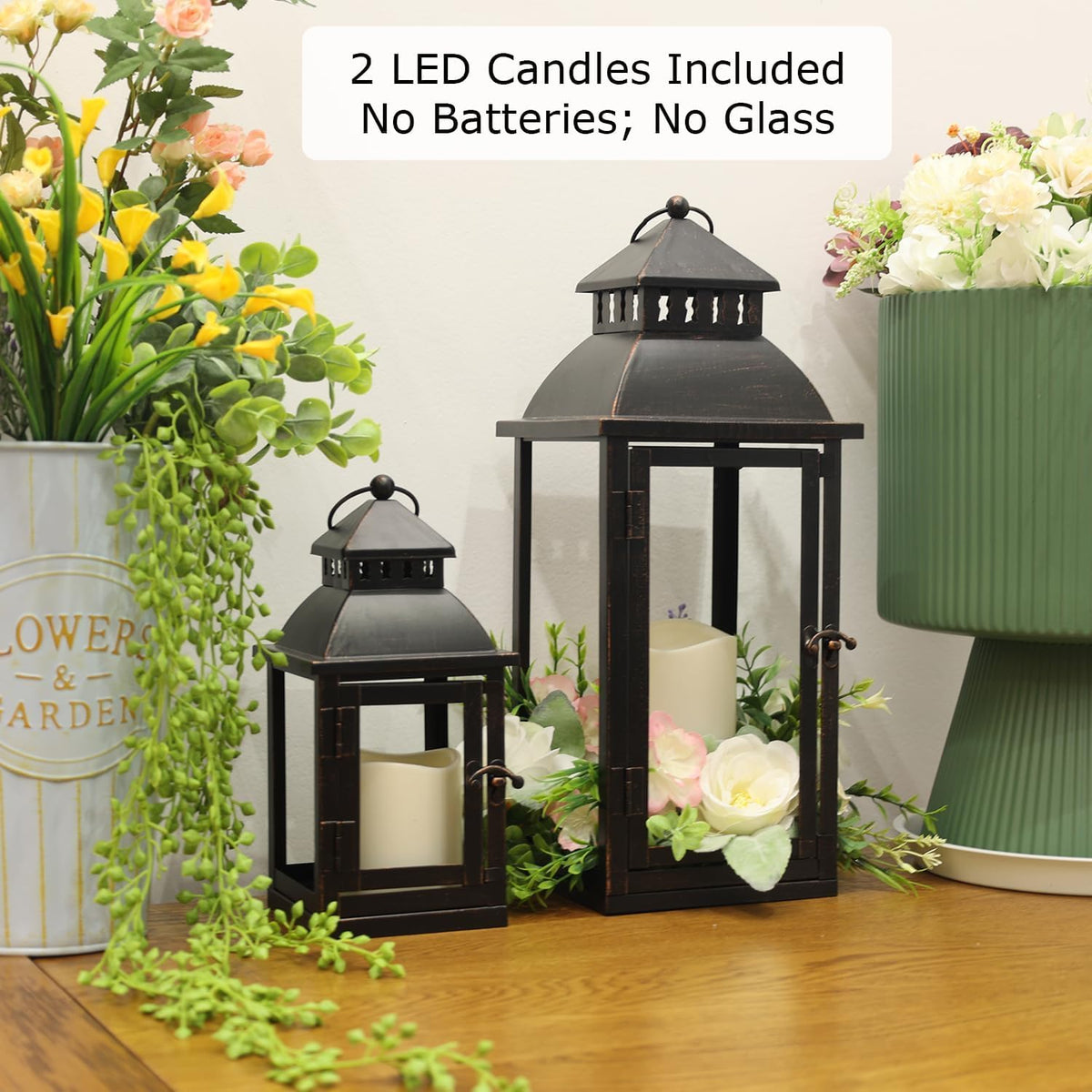 LED Lanterns Decorative Outdoor&Indoor, Set of 2 (17’’&11’’) Large Black Metal Lantern Decor with bronze brush, Candle