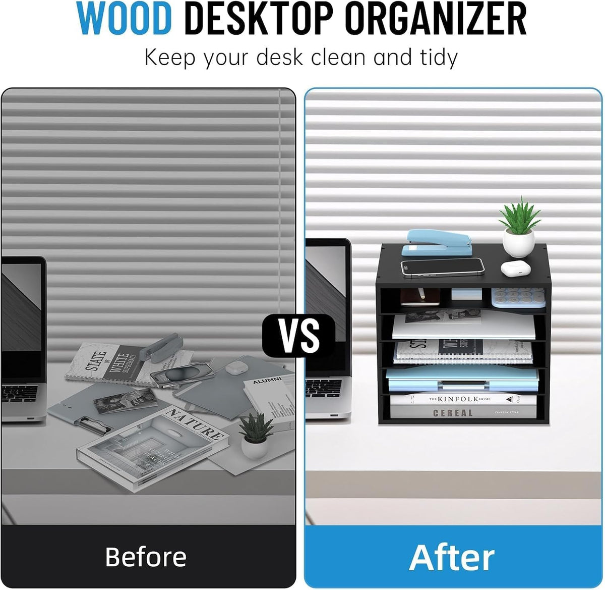 5-Tier Wood Desk Organizer, Paper Tray Organizer for Desk with Adjustable Storage Shelves, Desktop File Organization