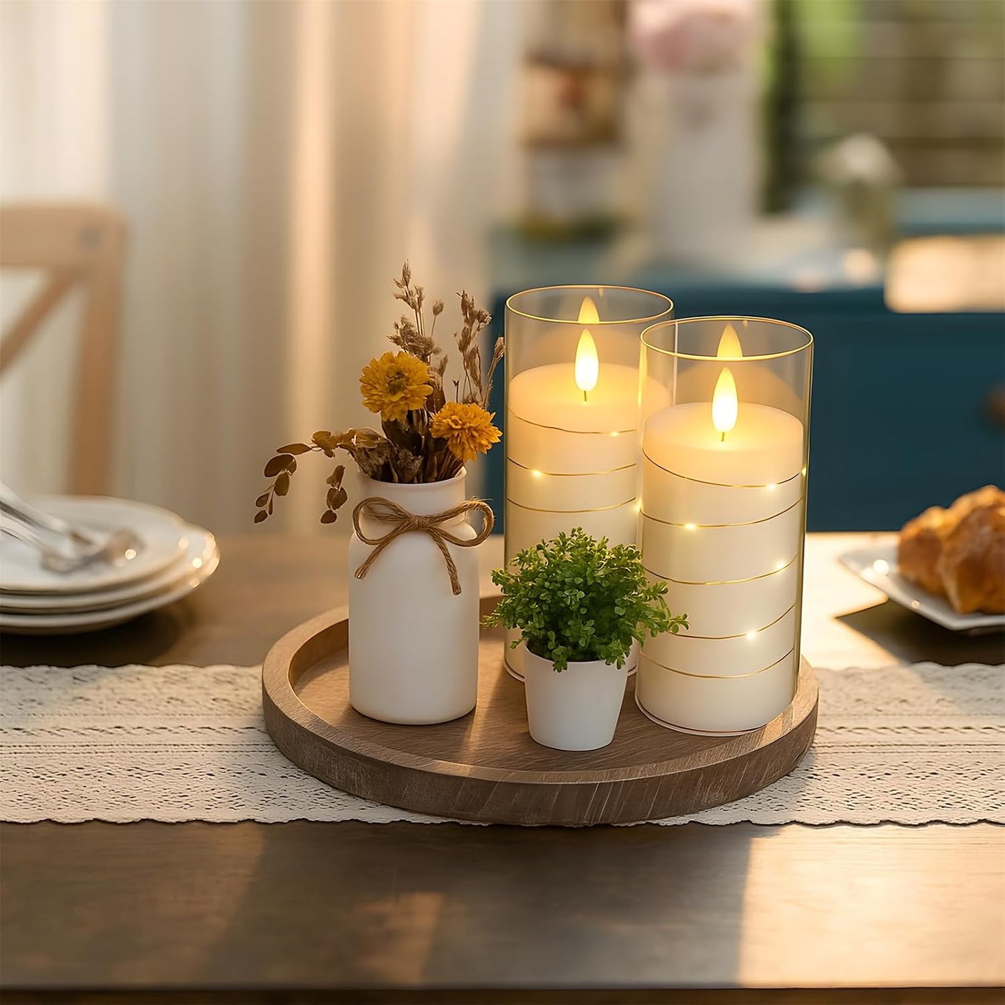 Flickering Flameless Candles with Remote Timer, 6pcs LED Battery Operated Candles with Embedded String Lights White, D3