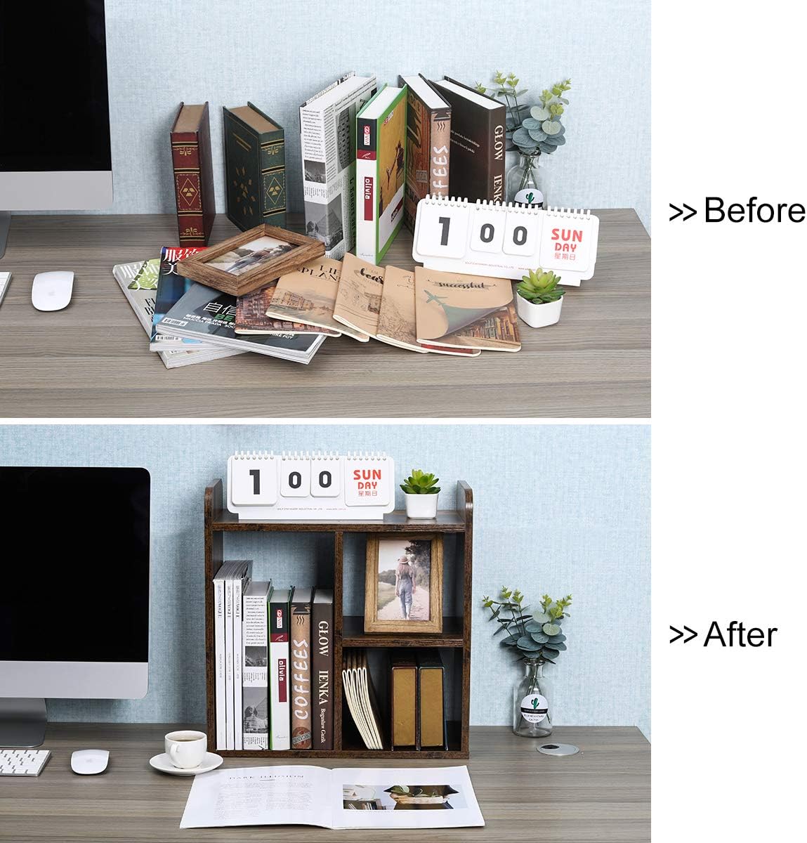 Desktop Shelf Freestanding Wood Small Bookshelf Desk Supplies Organizers and Accessories Storage Display Rack Office