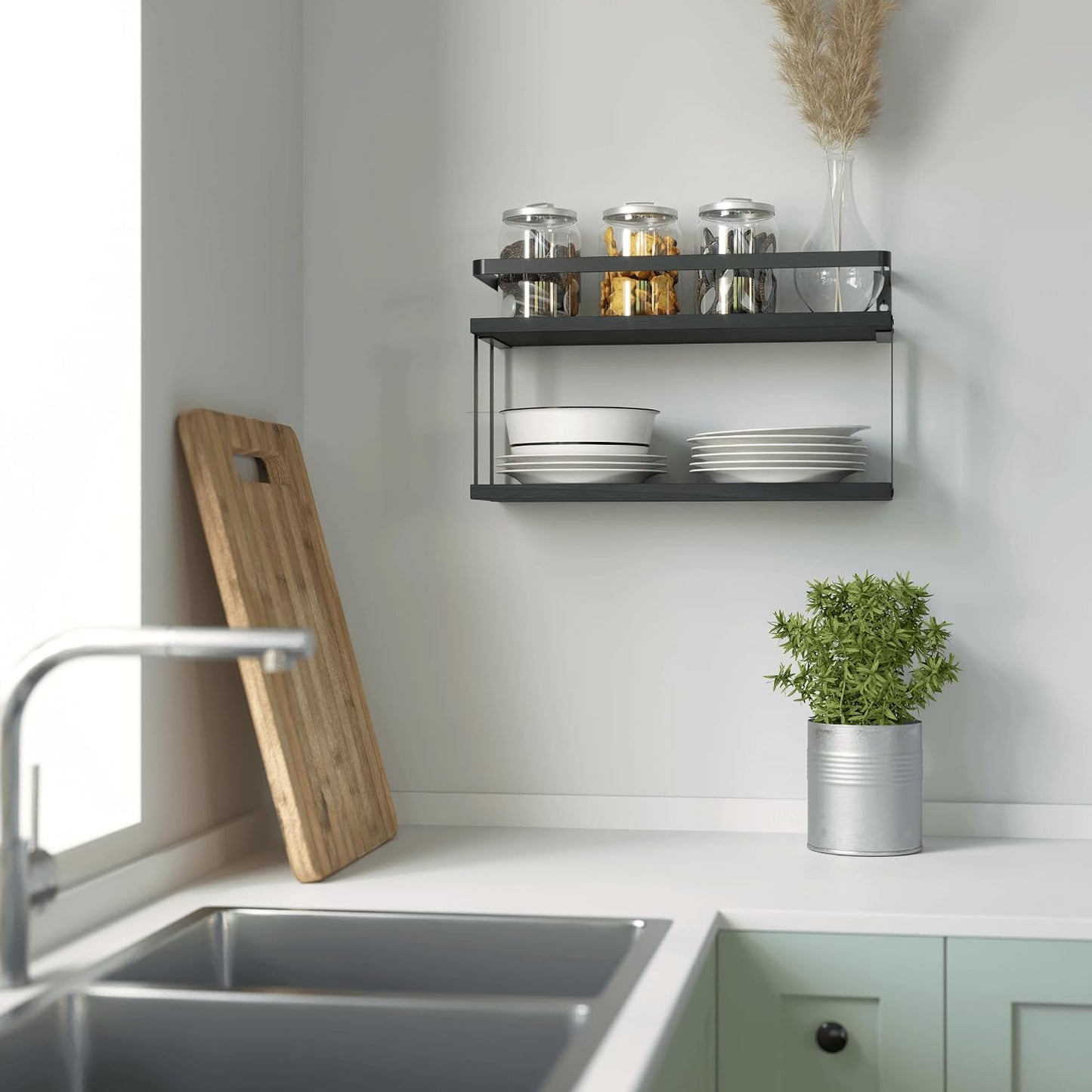 RICHER HOUSE Floating Shelves Bathroom, Wall Mounted Shelf Over Toilet | Dual-Level, with Metal Guard-Rail, Organizers