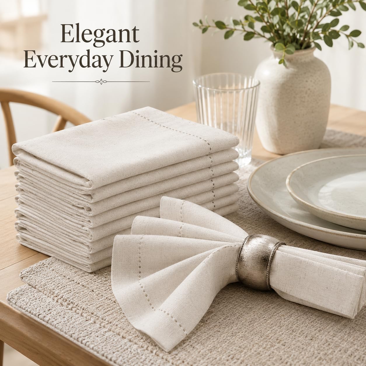 Bedding Craft Linen Cloth Dinner Napkins, 18x18, Set of 12 | Natural Fabric with hemstitched Mitered Corners – Machine