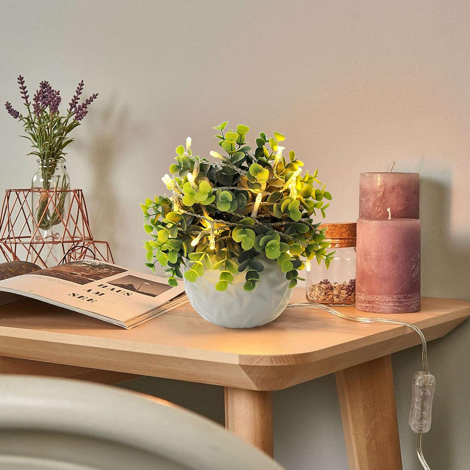Fake Plants Indoor Small Artificial Eucalyptus Plants in Pots / White