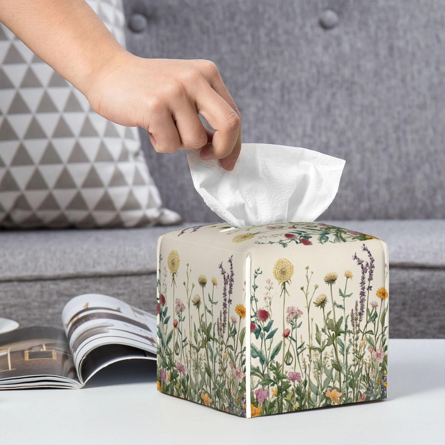 Tissue Box Cover Spring Summer Wild Flowers Florals Square Leather Tissue / Vintage Dandelion Herbs