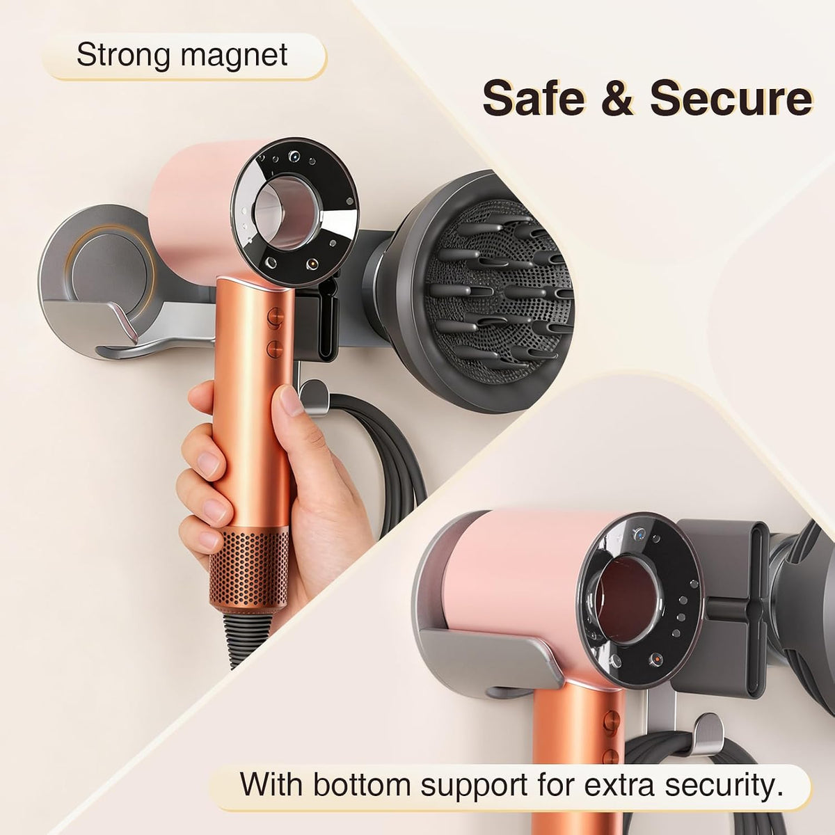 Magnetic Hair Dryer Holder Wall Mount, Gray | Blow Dryer Wall Mount Holder, Hang on Wall Organizer, For Hair Dryer with