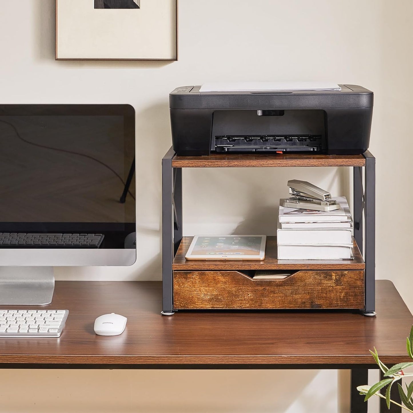 IBUYKE 2 Tier Desktop Printer Stand with Drawer Storage TLJ006H | Multi-Purpose Desk Organizer,Wooden Printer Stand for