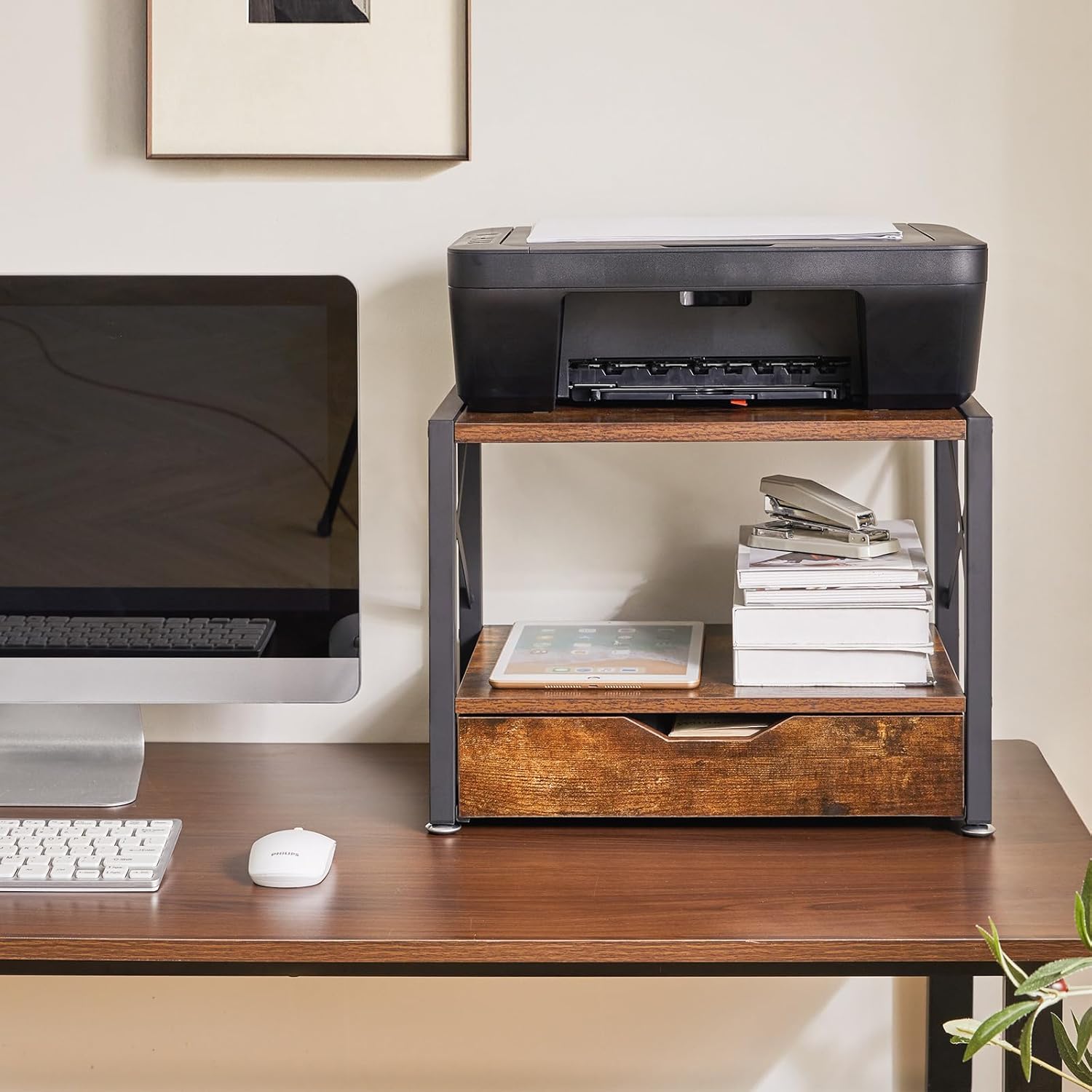 IBUYKE 2 Tier Desktop Printer Stand with Drawer Storage TLJ006H | Multi-Purpose Desk Organizer,Wooden Printer Stand for