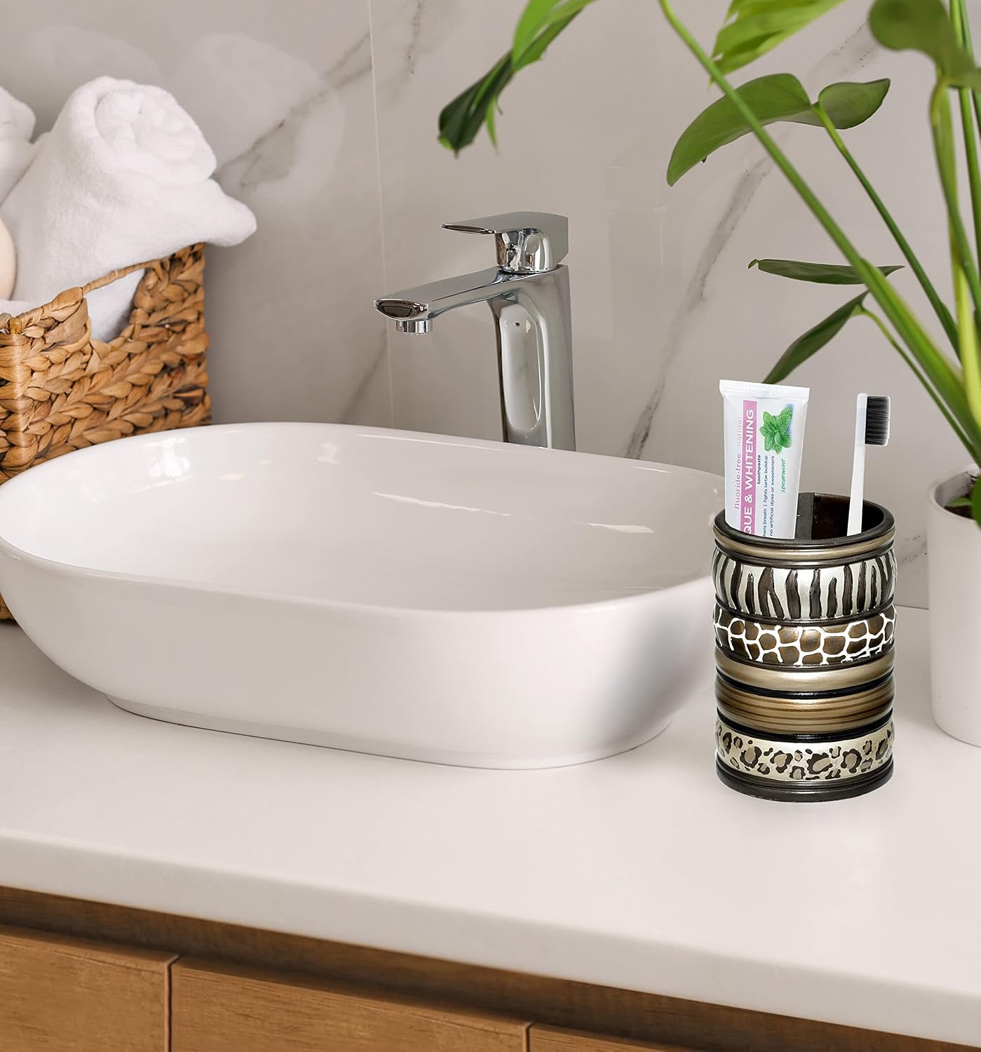 Zahari Home 4pc Safari Stripes Stylish Bathroom Accessories Set Hand Soap Dispenser, Tumbler, Tooth Brush Holder and