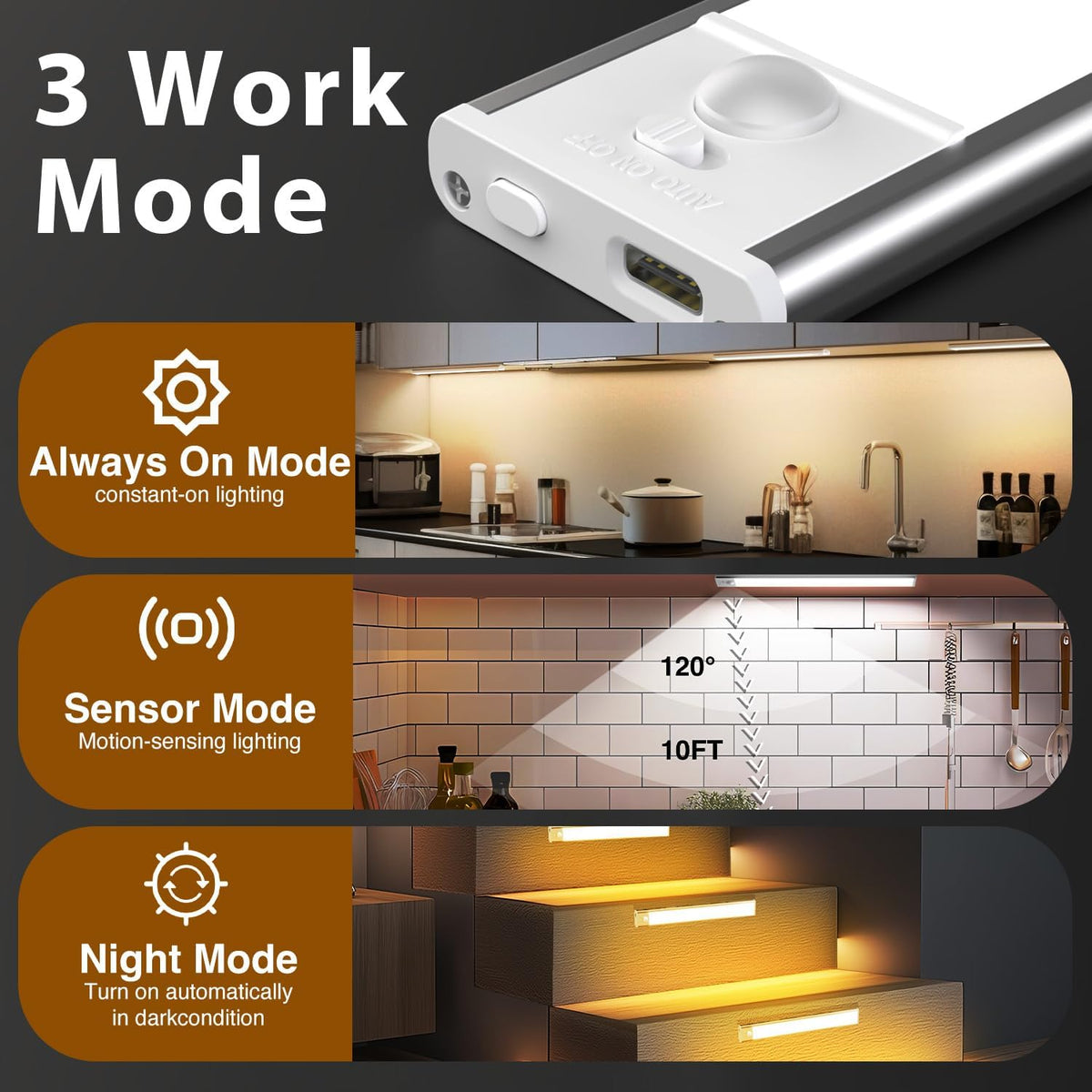 DAYBETTER 12inch Under Cabinet Lighting,2 Pack Motion Sensor Light Indoor | Rechargeable,3 Color Temps,5 Levels